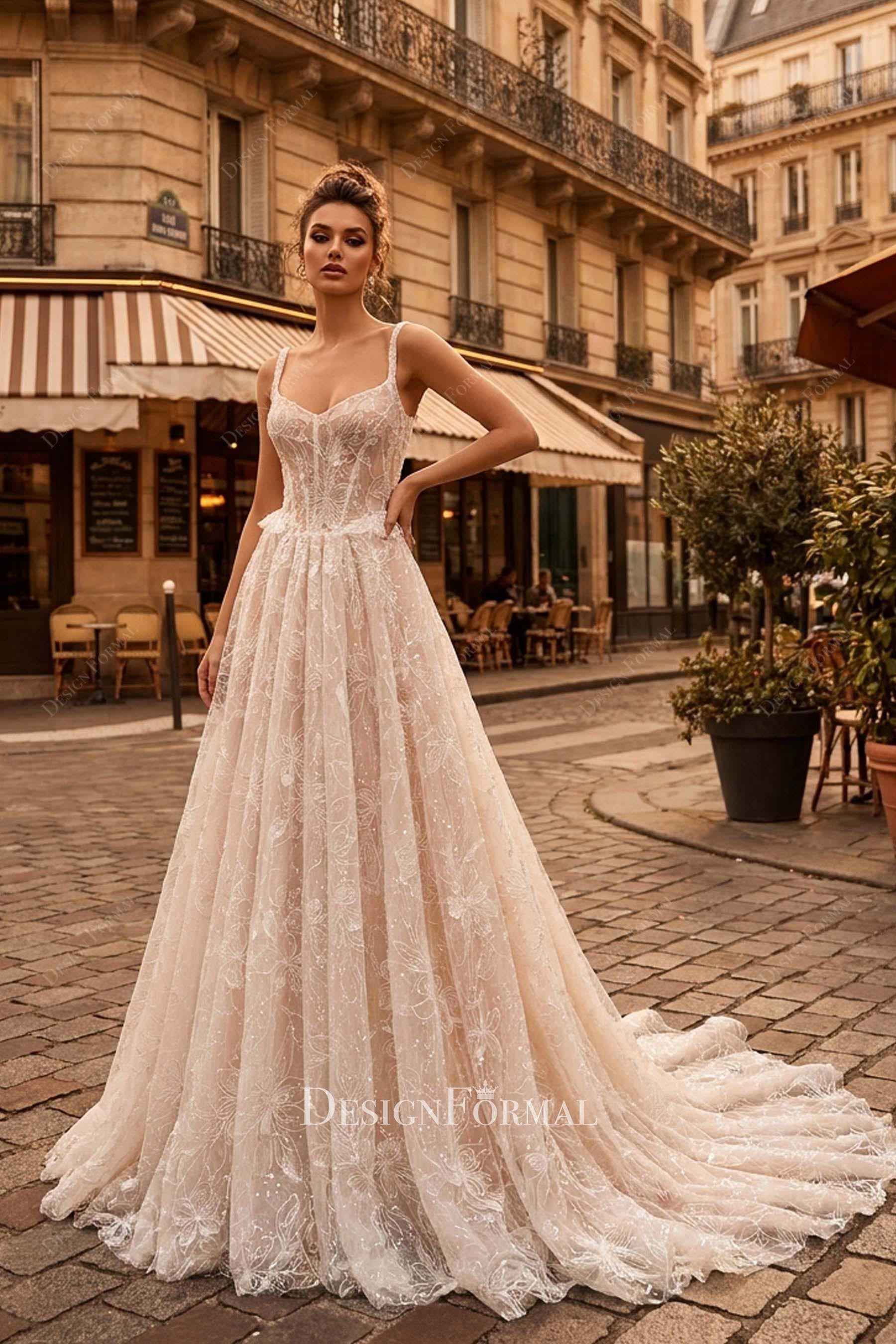 shimmery floral lace wedding dress