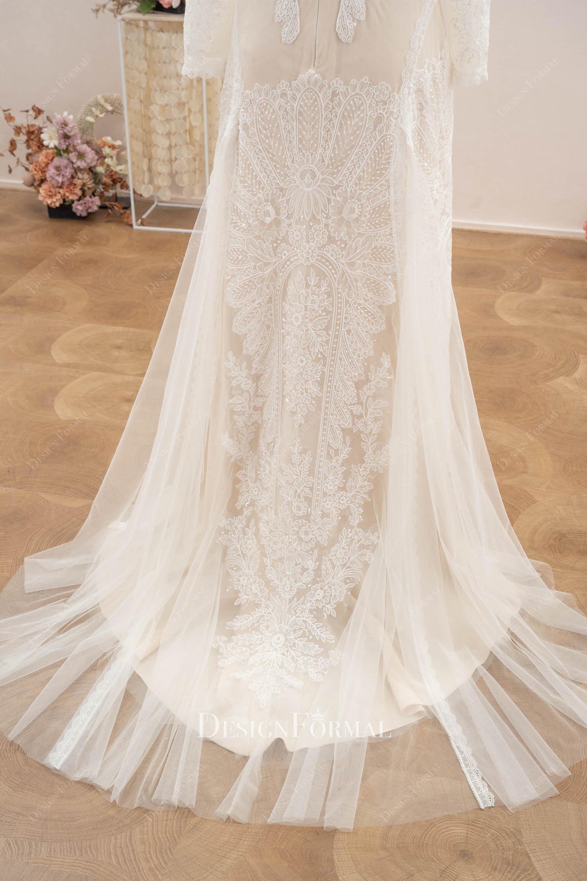 shimmery lace long train wedding dress