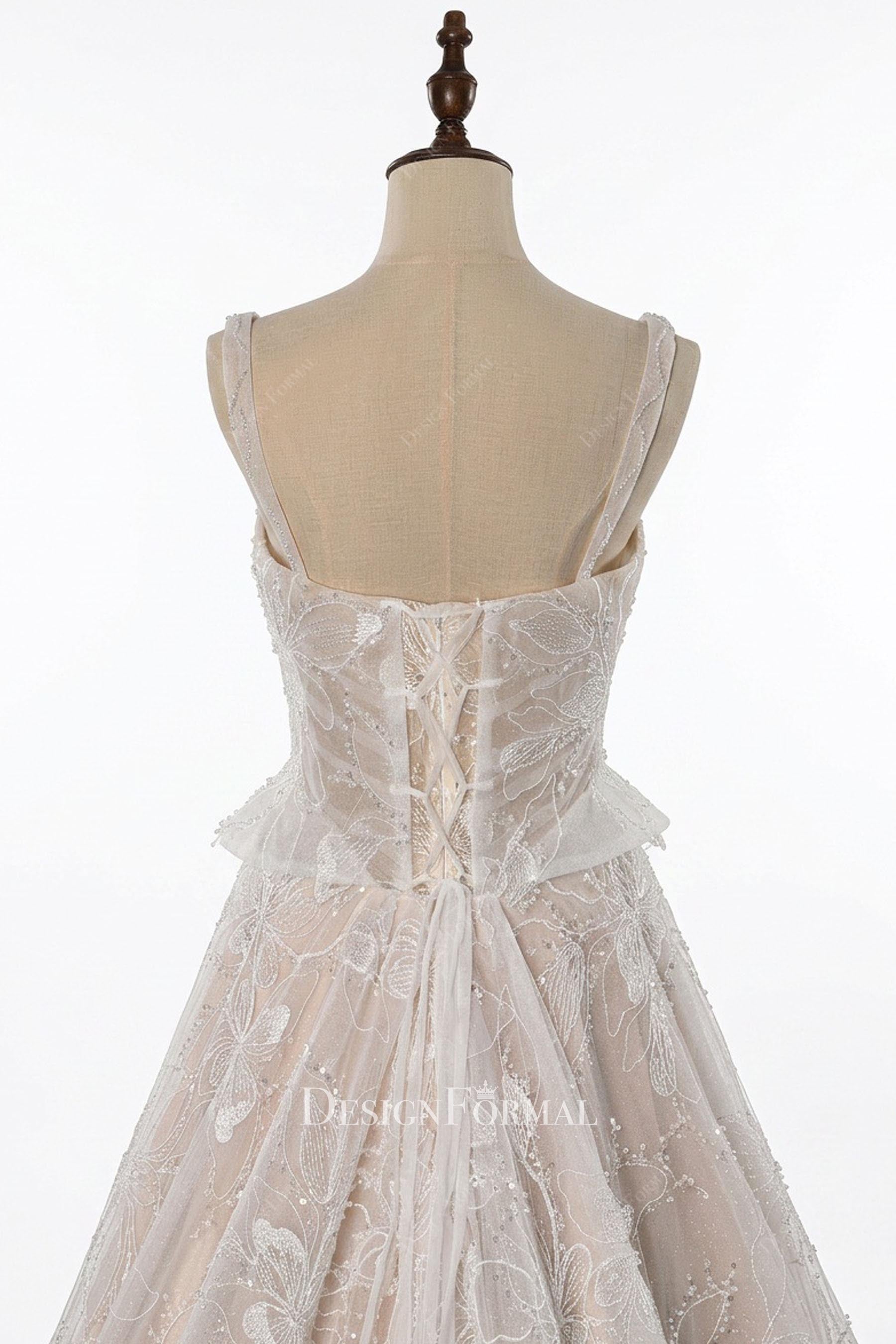 shimmery lace up back wedding dress