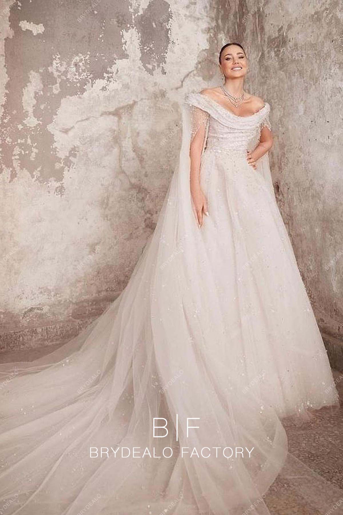 Off-shoulder Shimmery Beading Cape Sleeves Ivory Grecian Wedding Dress, White