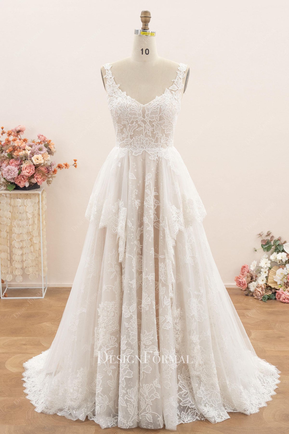 shimmery ruffled lace bridal dress