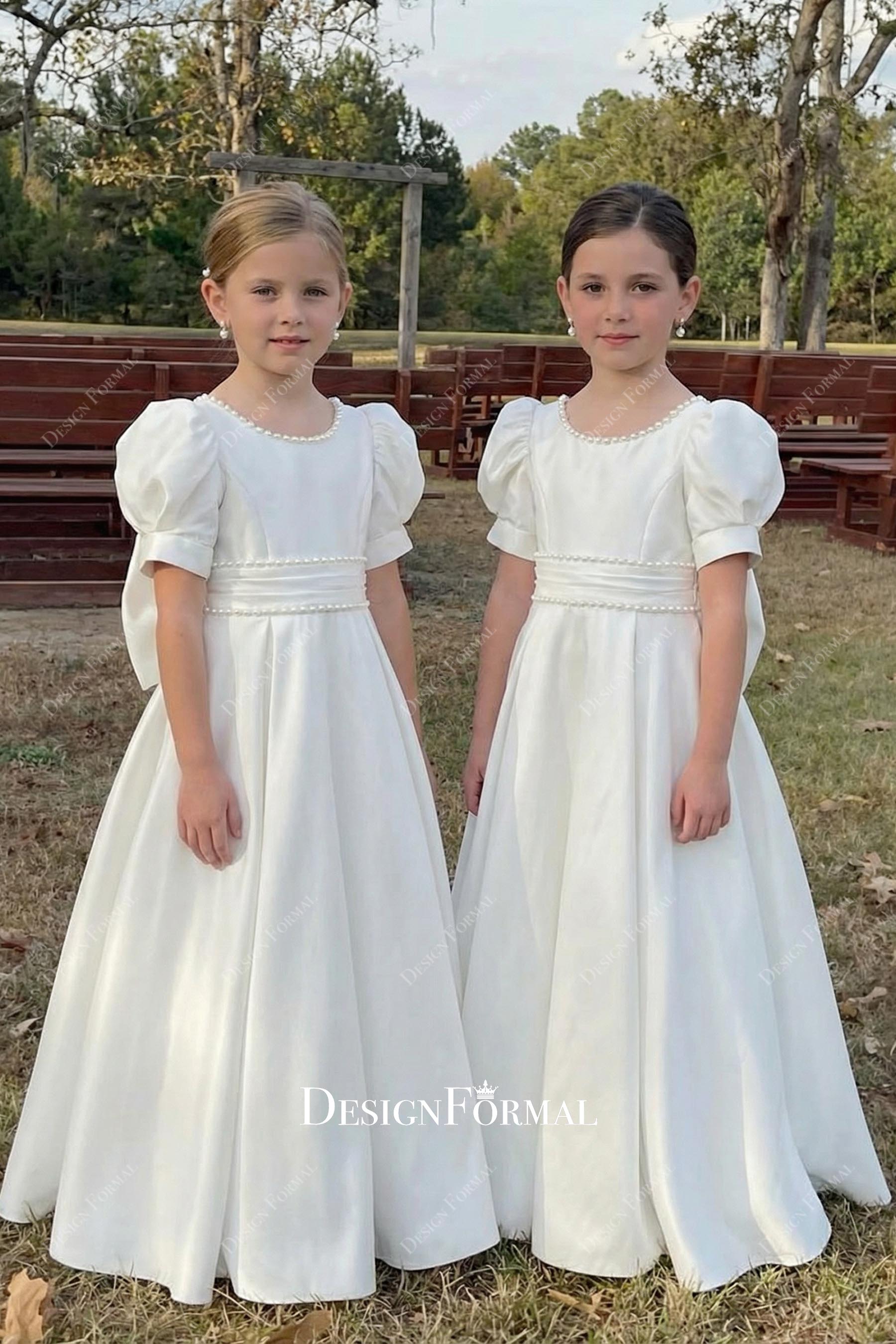 Elegant Big Bow V Back White Satin Flower Girl Dress