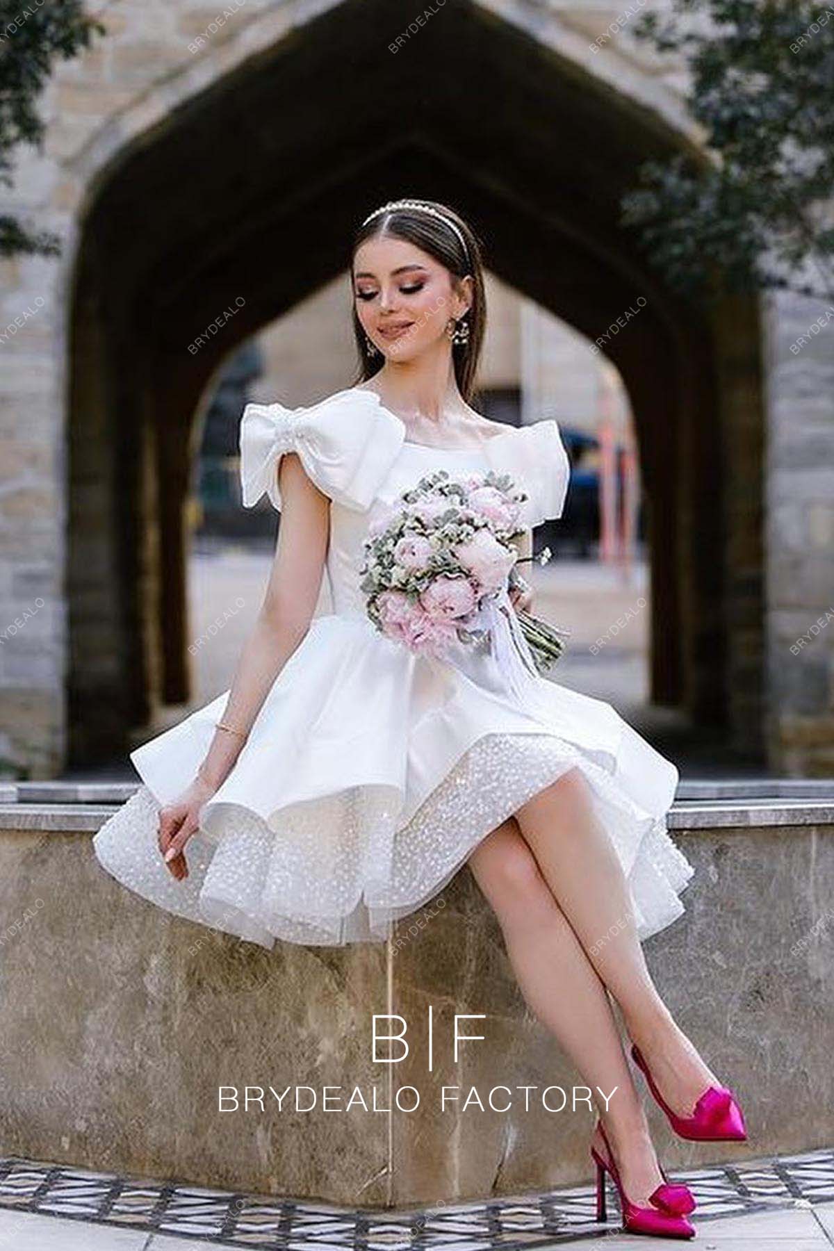 Boat Neck Pretty Satin Bows Off Shoulder Short Casual Wedding Dress Boat Neck Pretty Satin Bows Off Shoulder Short Casual Wedding Dress