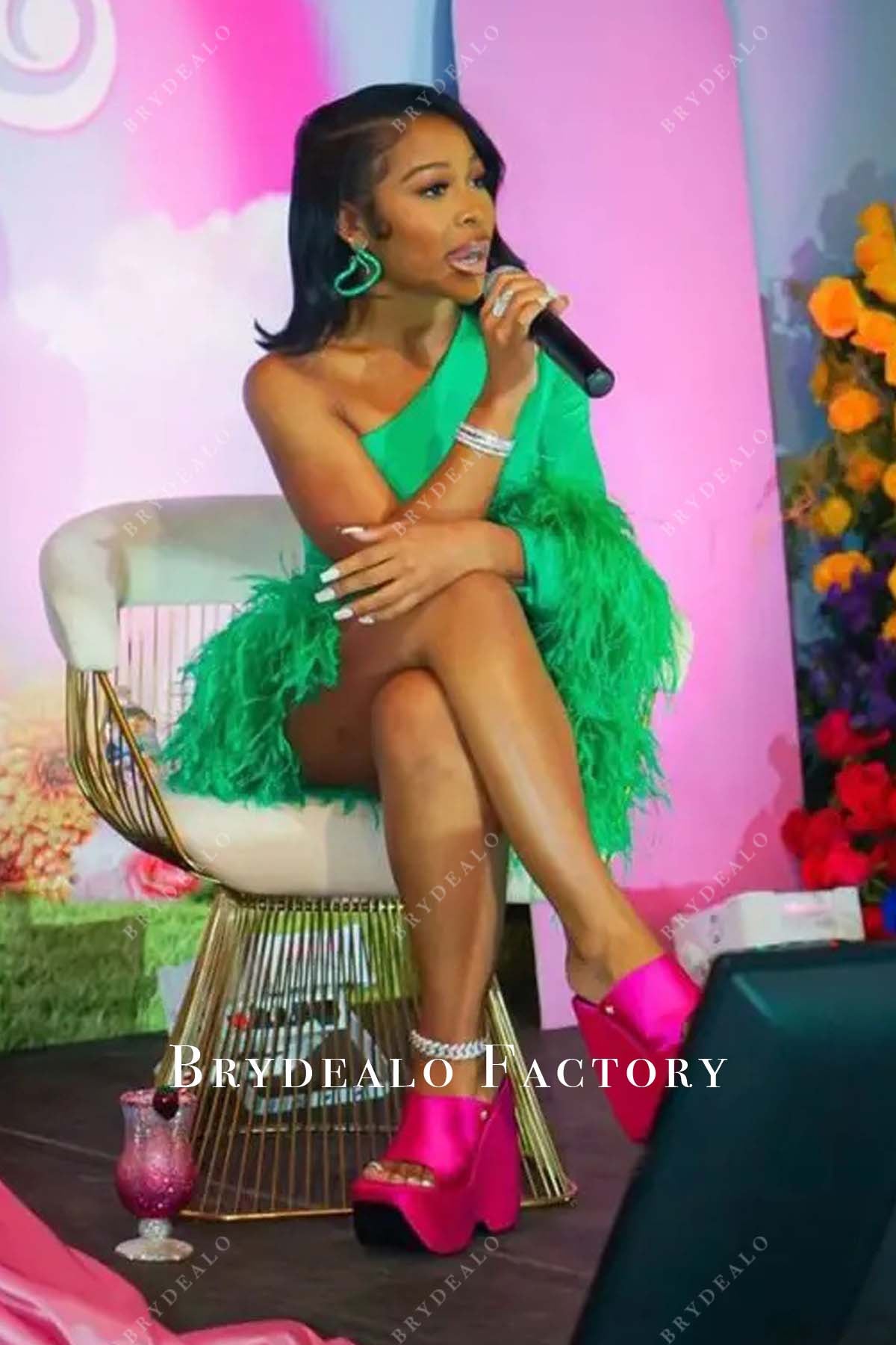 Jungle Green One Sleeve Ostrich Feathers Mini Dress