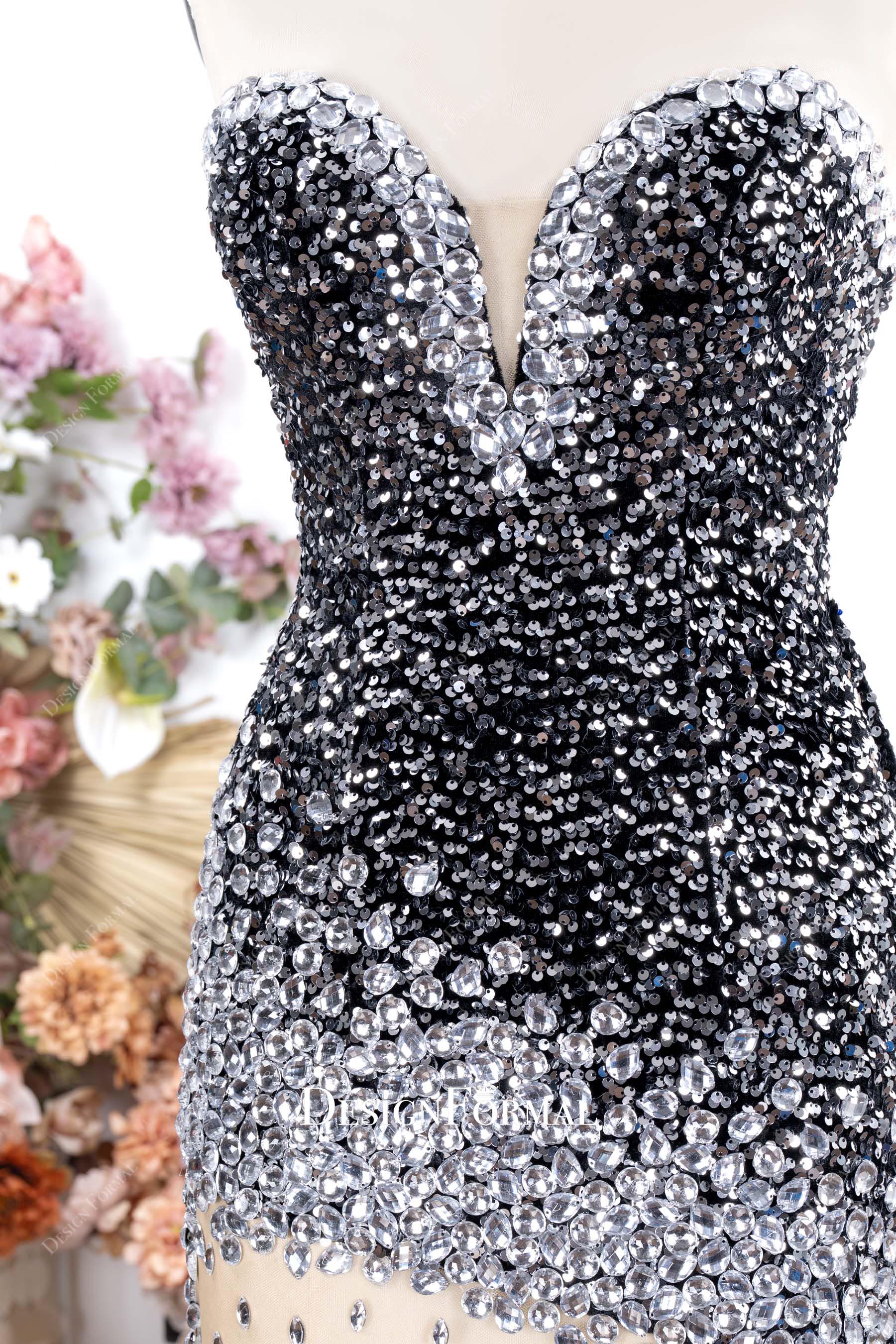 silver grey rhinestones neckline prom dress