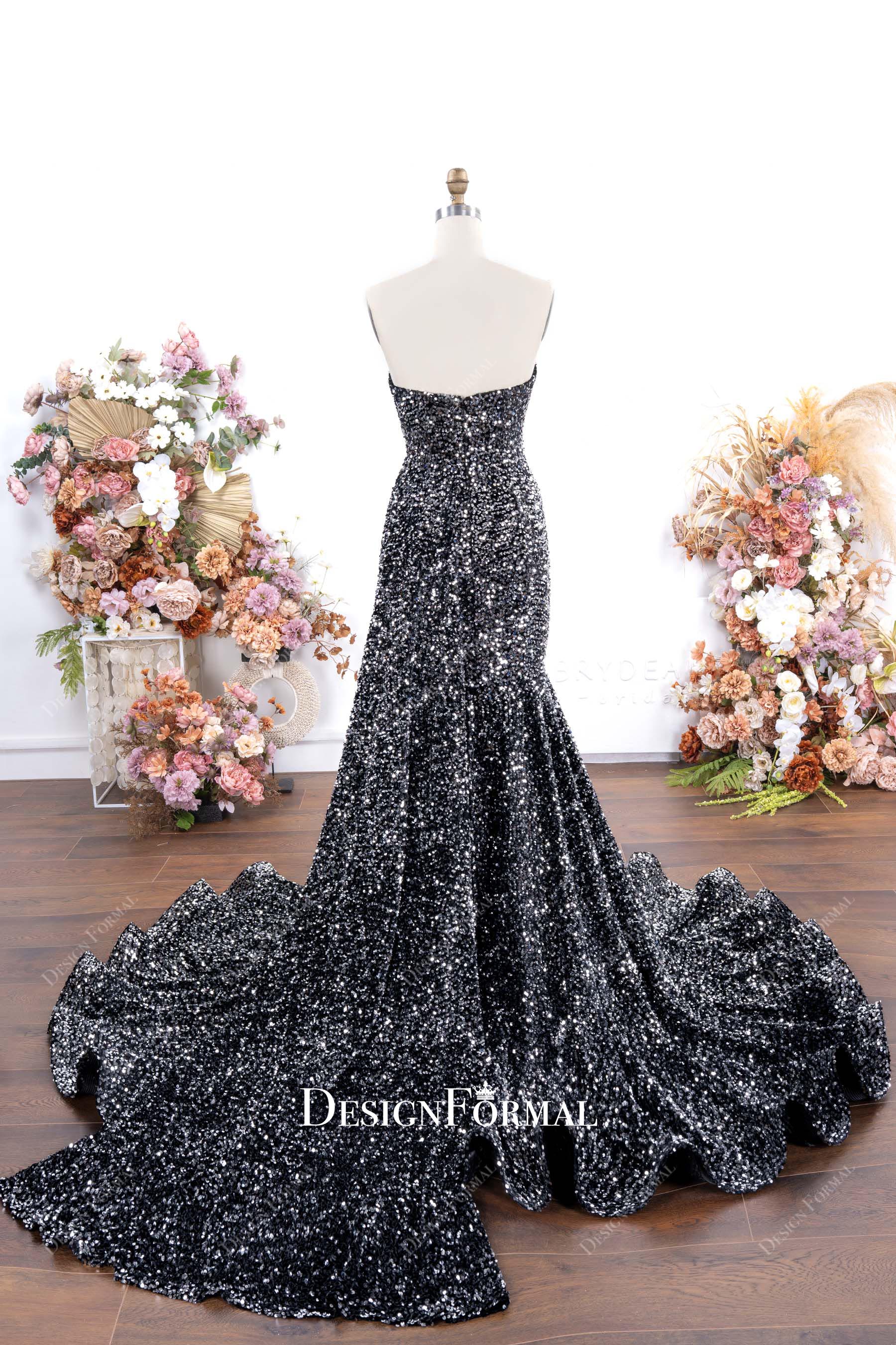 silver grey strapless panel train prom dress