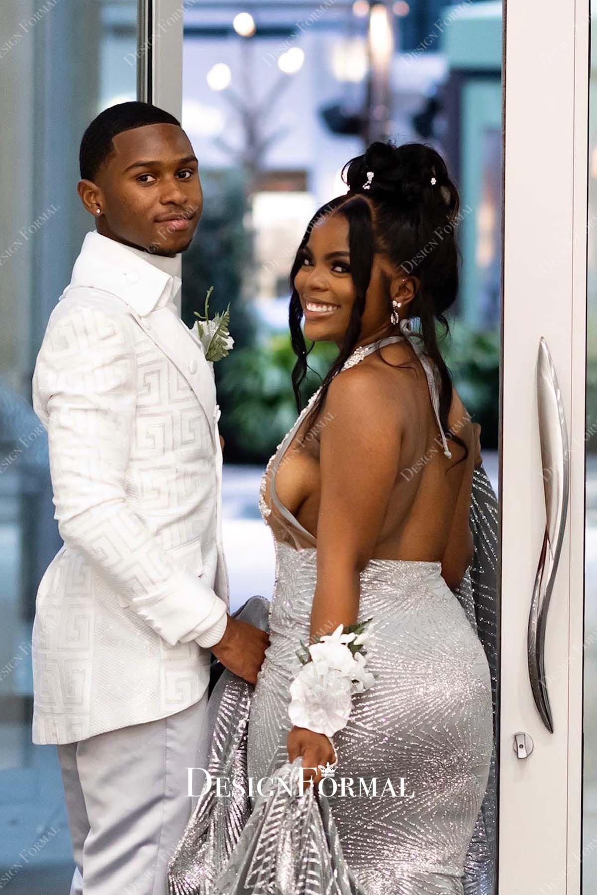 silver halter backless prom dress
