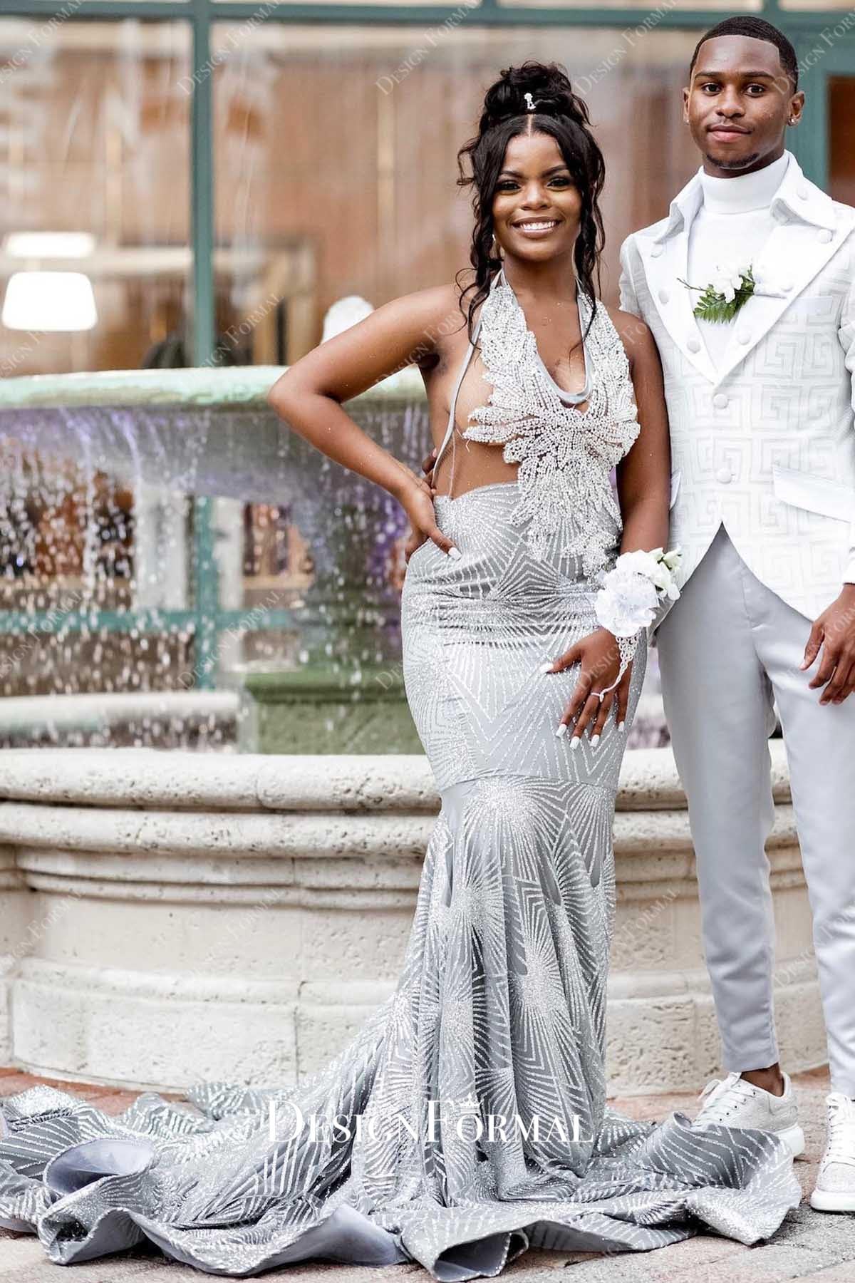 silver halter trumpet prom dress