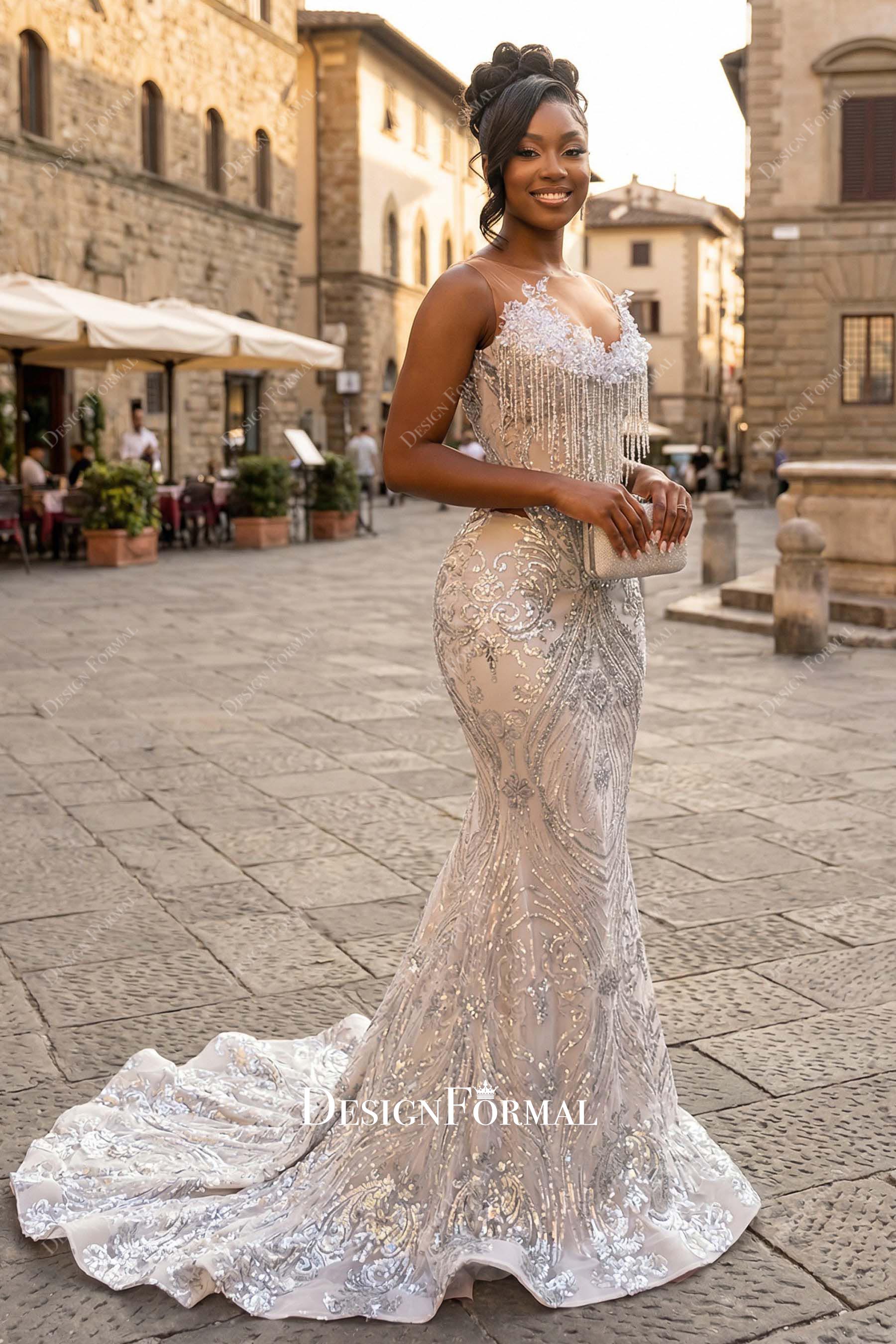 silver illusion neck mermaid prom dress