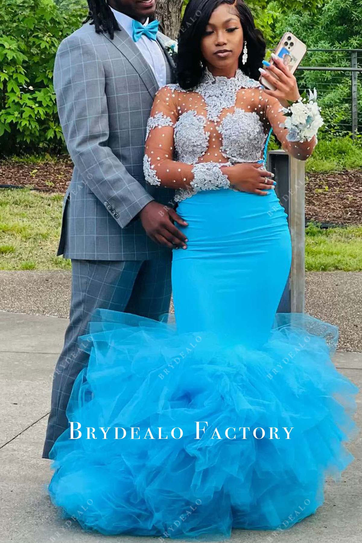 Silver Lace Pool Blue Ruffled Floor Length Trumpet Prom Dress Silver Lace Pool Blue Ruffled Floor Length Trumpet Prom Dress