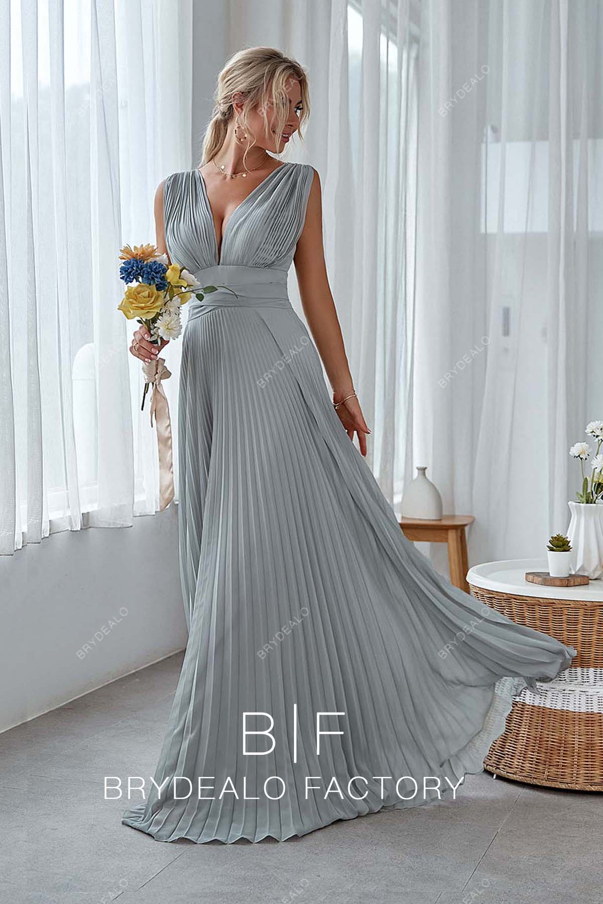 silver plunging neck pleated chiffon dress