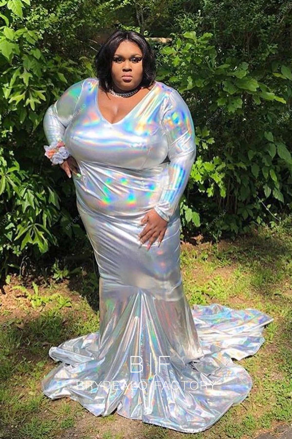 Plus Size V-neck Silver Stretchy Glossy Leather Mermaid Prom Dress Plus Size V-neck Silver Stretchy Glossy Leather Mermaid Prom Dress