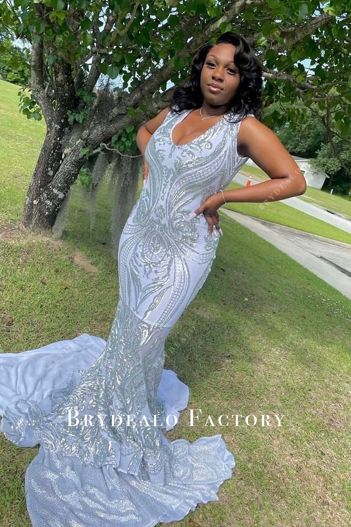 Silver Sequin Scoop Neck Mermaid Unique Prom Dress