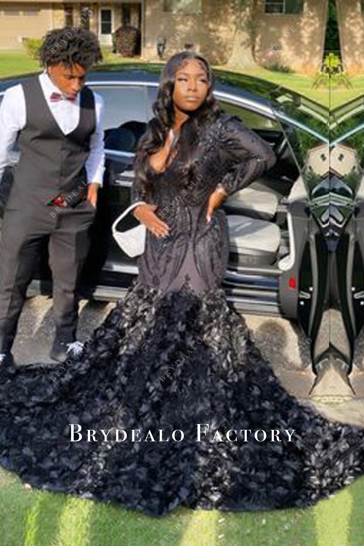 Plus Size Black Long Sleeve Sequin 3D Roses Trumpet Prom Dress Plus Size Black Long Sleeve Sequin 3D Roses Trumpet Prom Dress