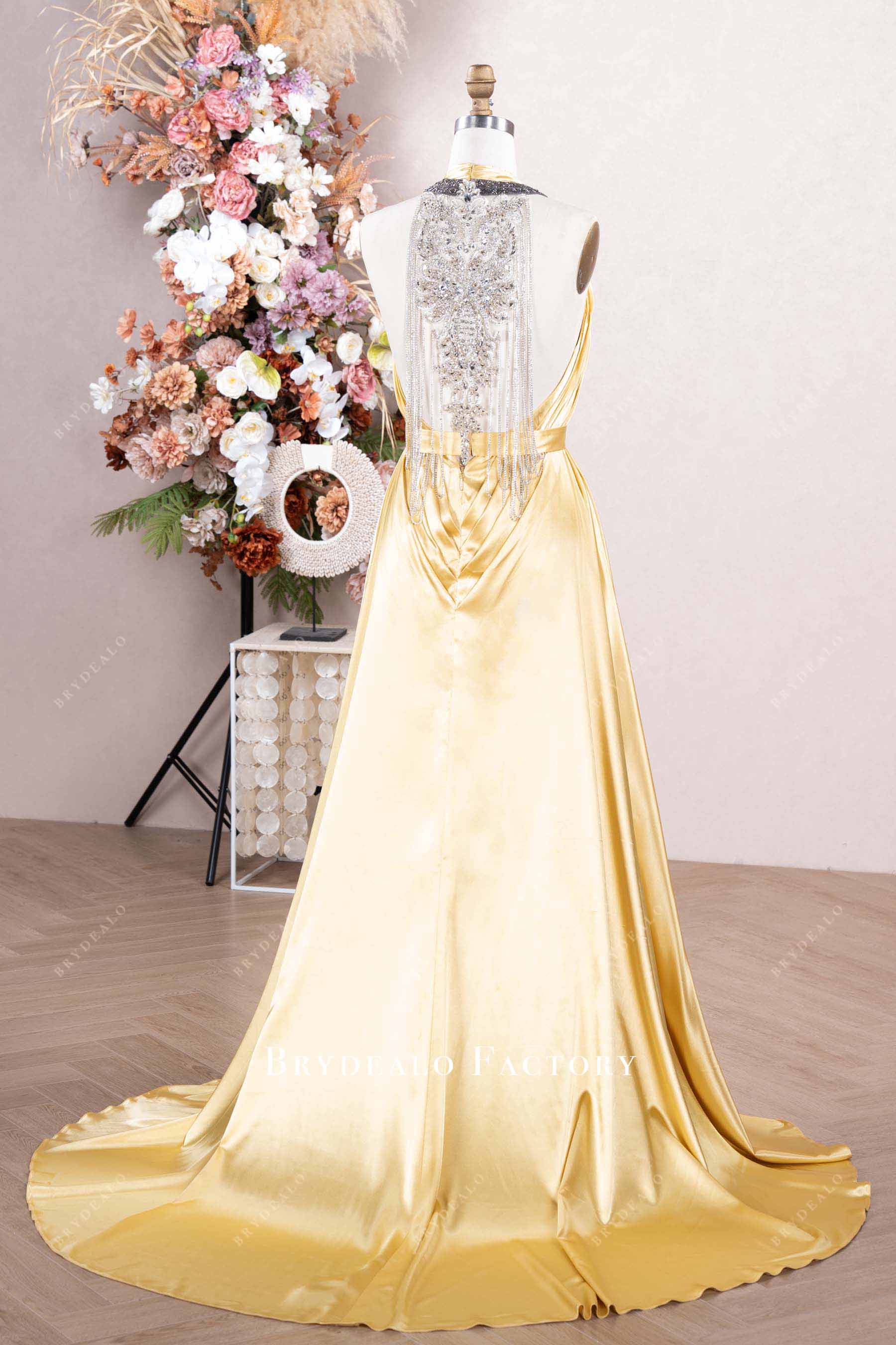 silver rhinestone back court satin formal dress