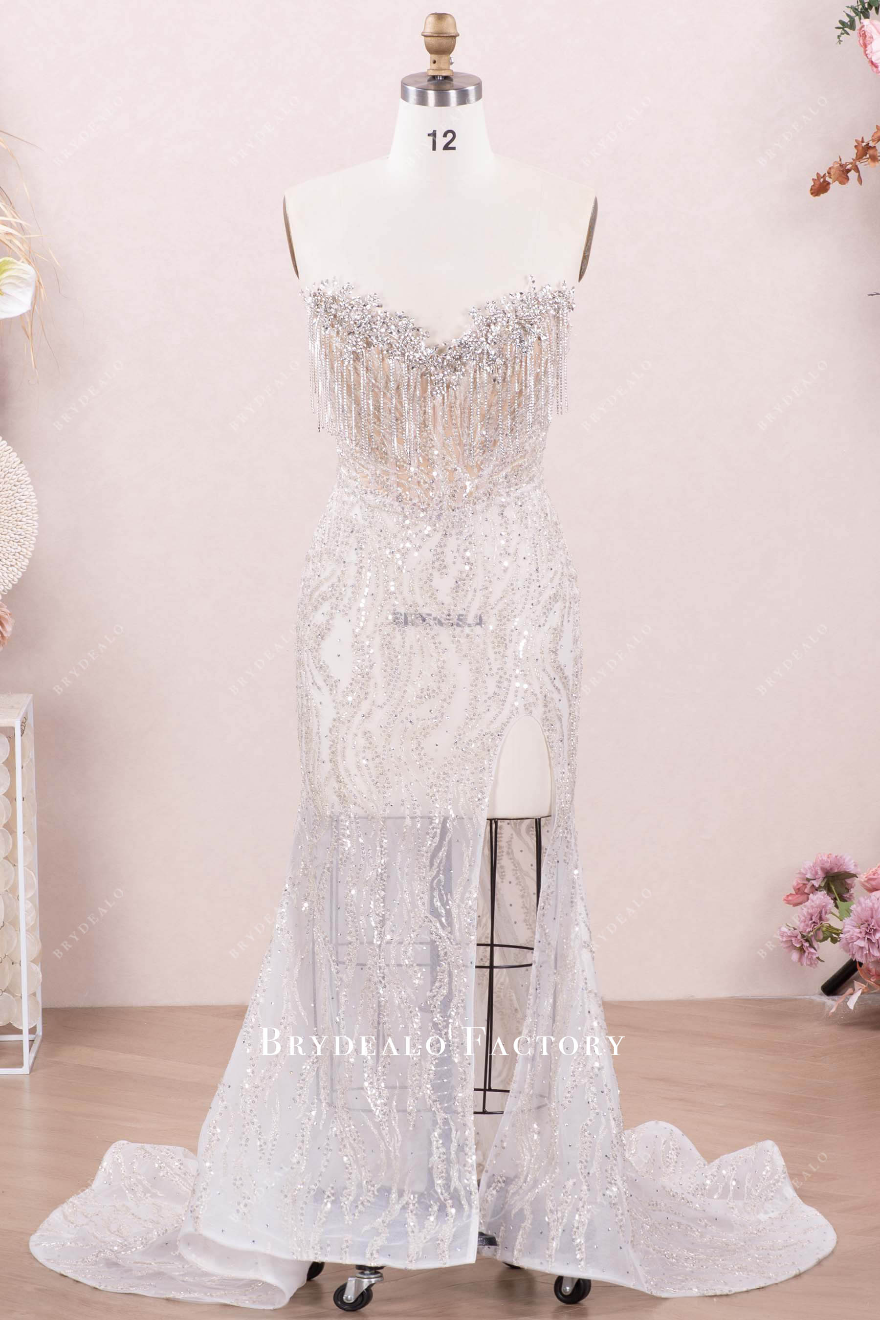 Sparkly Silver Rhinestone Tassel Neck Leg Slit Prom Dress