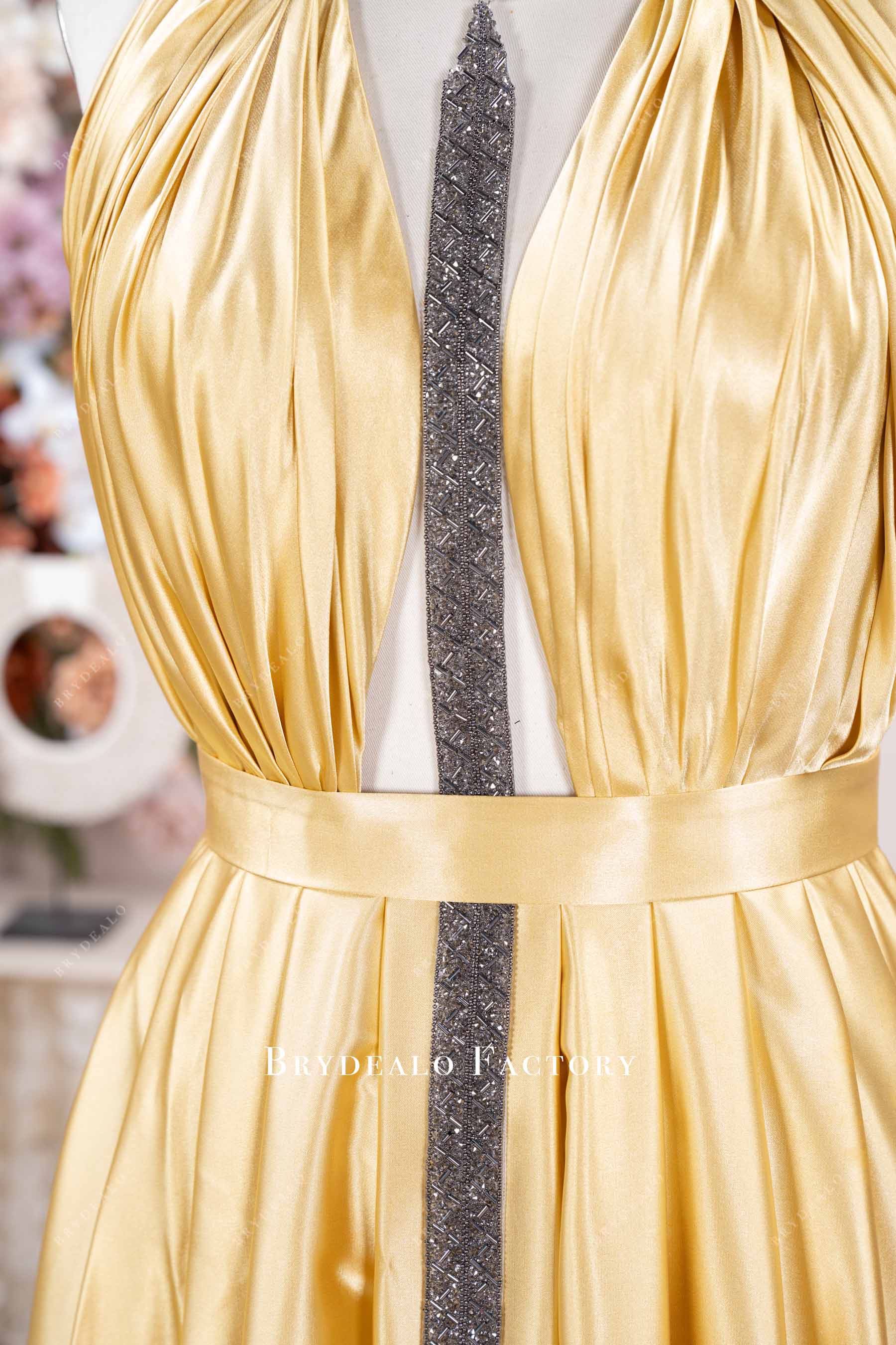 silver rhinestone pleated satin prom charmeuse dress