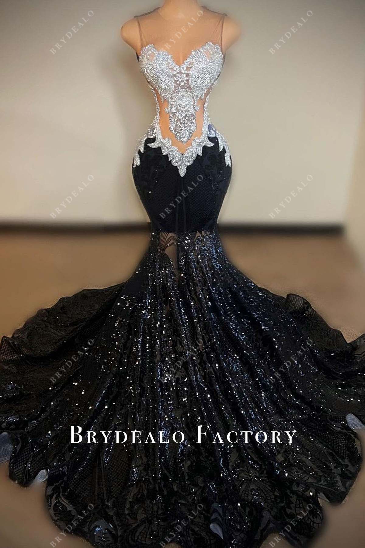 blue dress for baby girl Silver Shimmers Black Sequin Horsehair Trumpet Prom Formal Dress