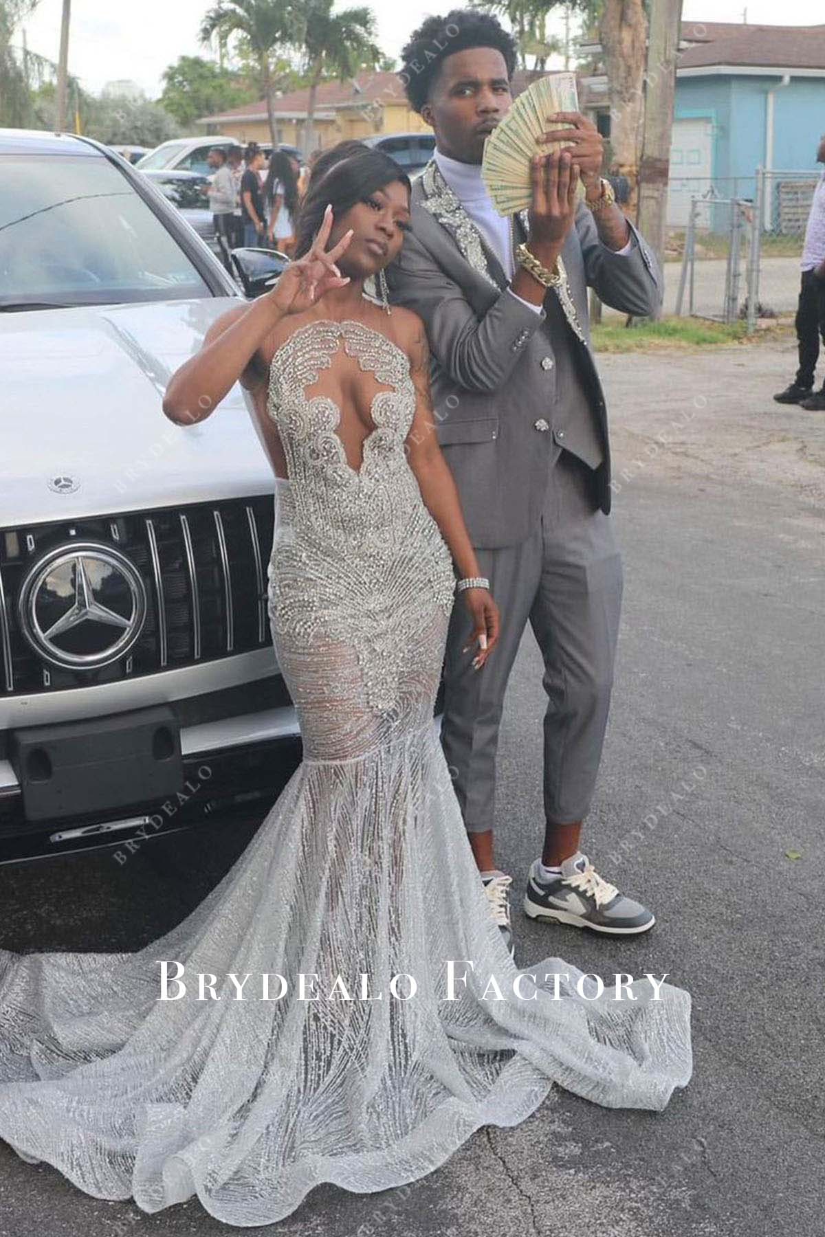 silver rhinestone prom dress Silver Sparkly Rhinestones Sequined Trumpet Pom Dress