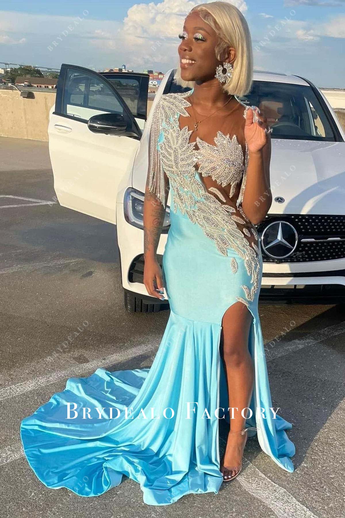 strapless open back dress Sparkly Rhinestones Pool Slit Long Train Prom Dress