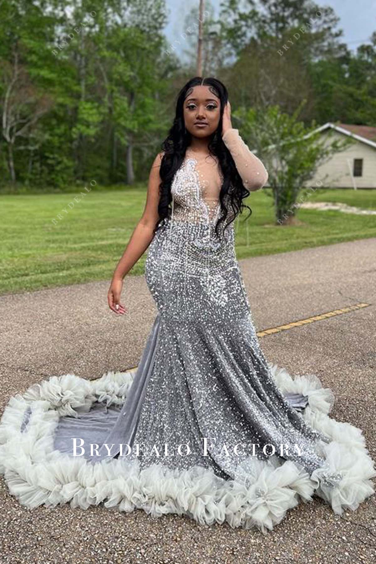 One Sleeve Silver Sequin Long Ruffled Train Prom Dress One Sleeve Silver Sequin Long Ruffled Train Prom Dress