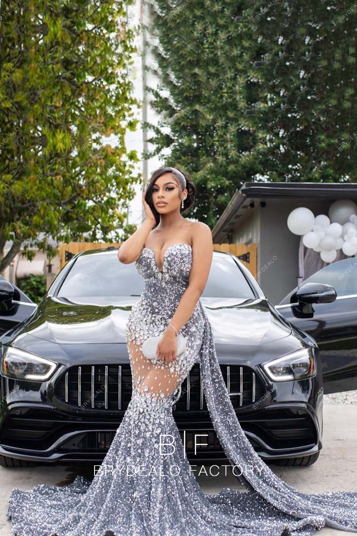 Silver Sequin Rhinestones Strapless Mermaid Prom Dress