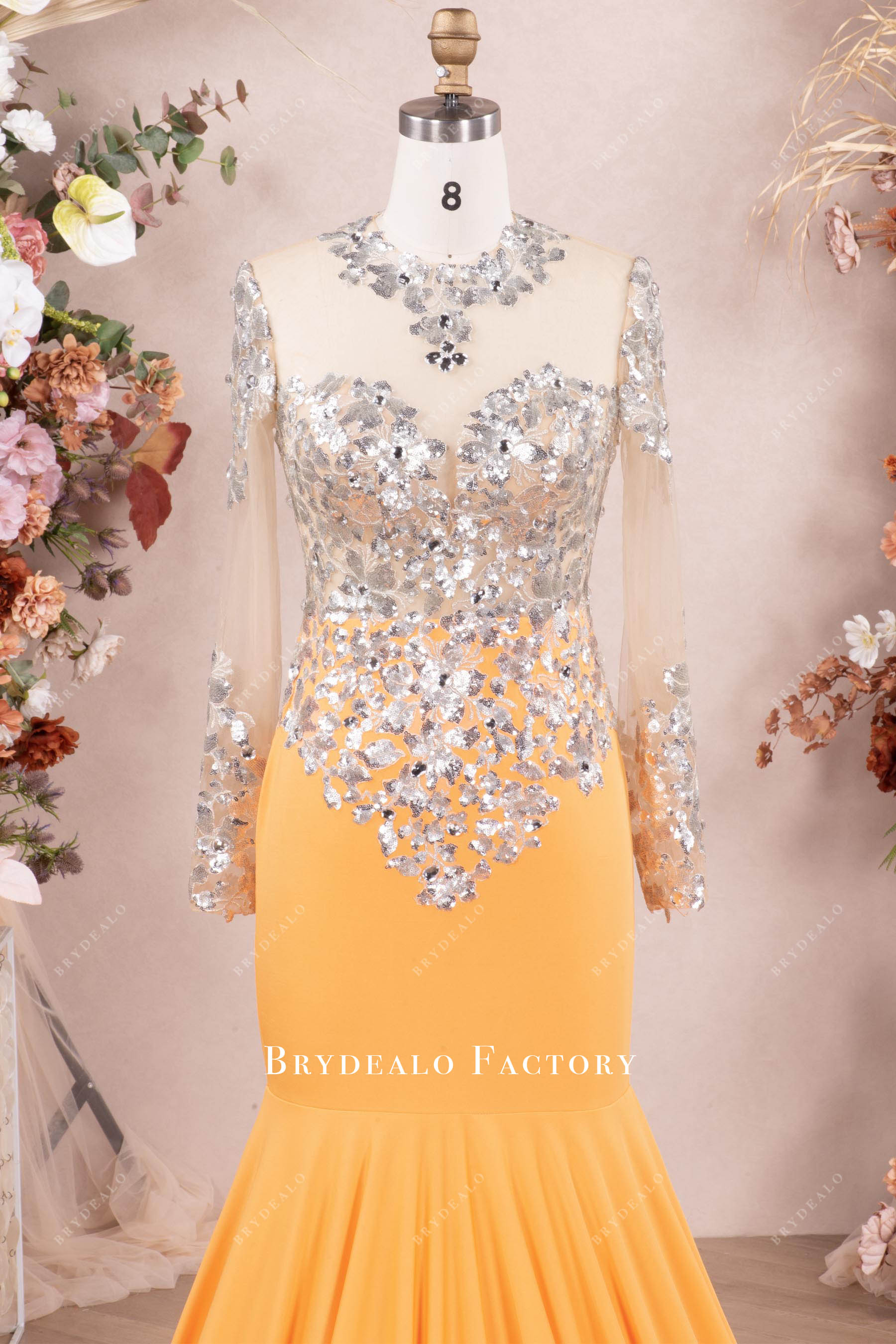 silver sequin long sleeved prom dress