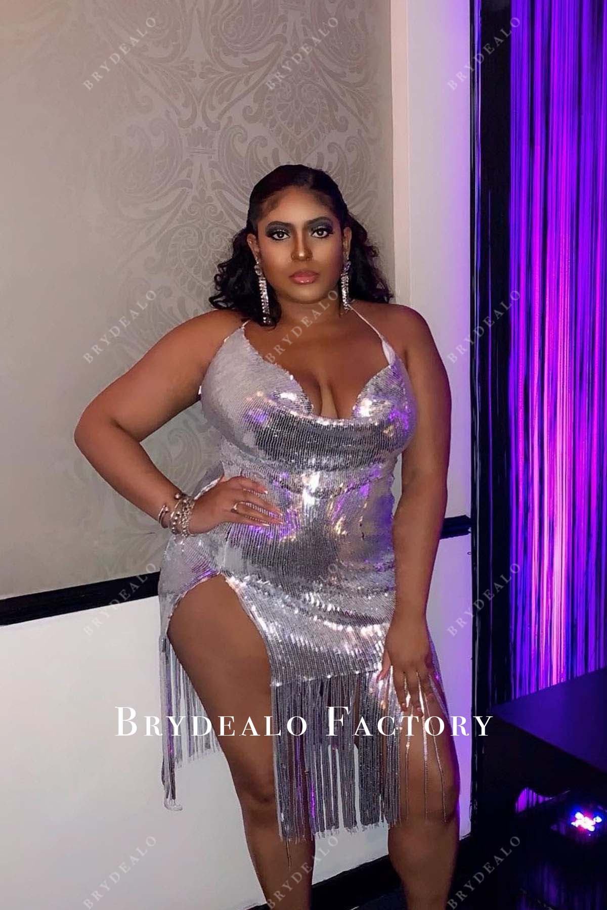 Plus Size Silver Sequined Cowl Neck Slit Tassels Prom Dress Plus Size Silver Sequined Cowl Neck Slit Tassels Prom Dress