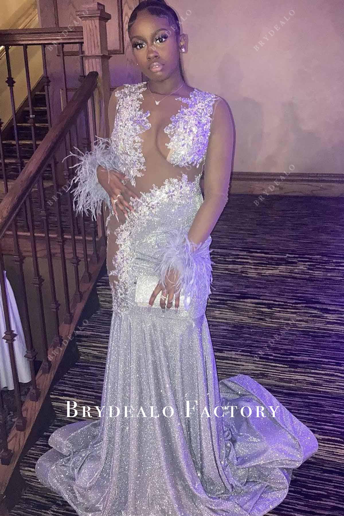 Silver Glitter Sequined Illusion Sleeves Trumpet Prom Dress