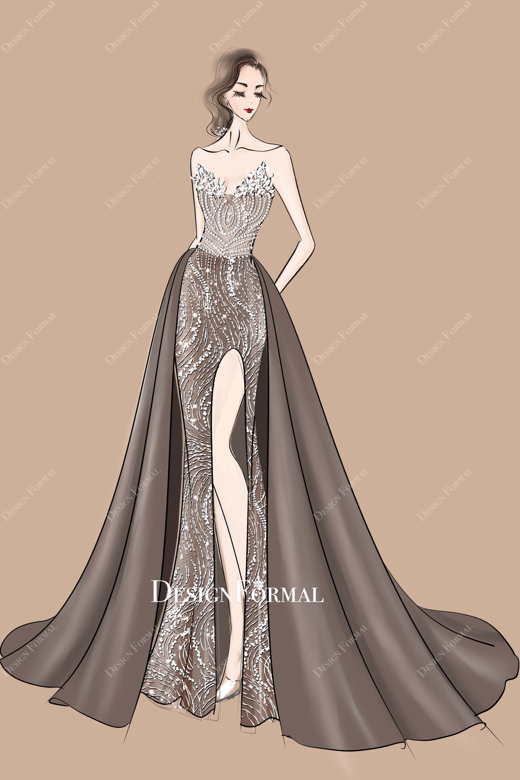 Silver Shimmer Strapless Brown Satin Overskirt Formal Dress