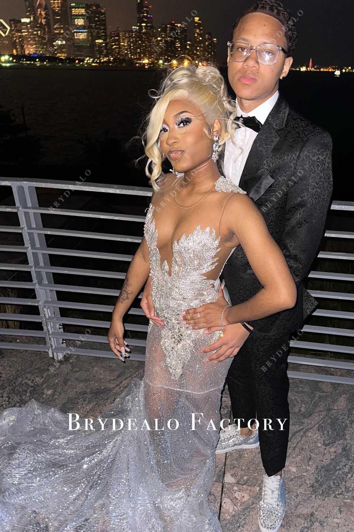 silver sleeveless prom dress