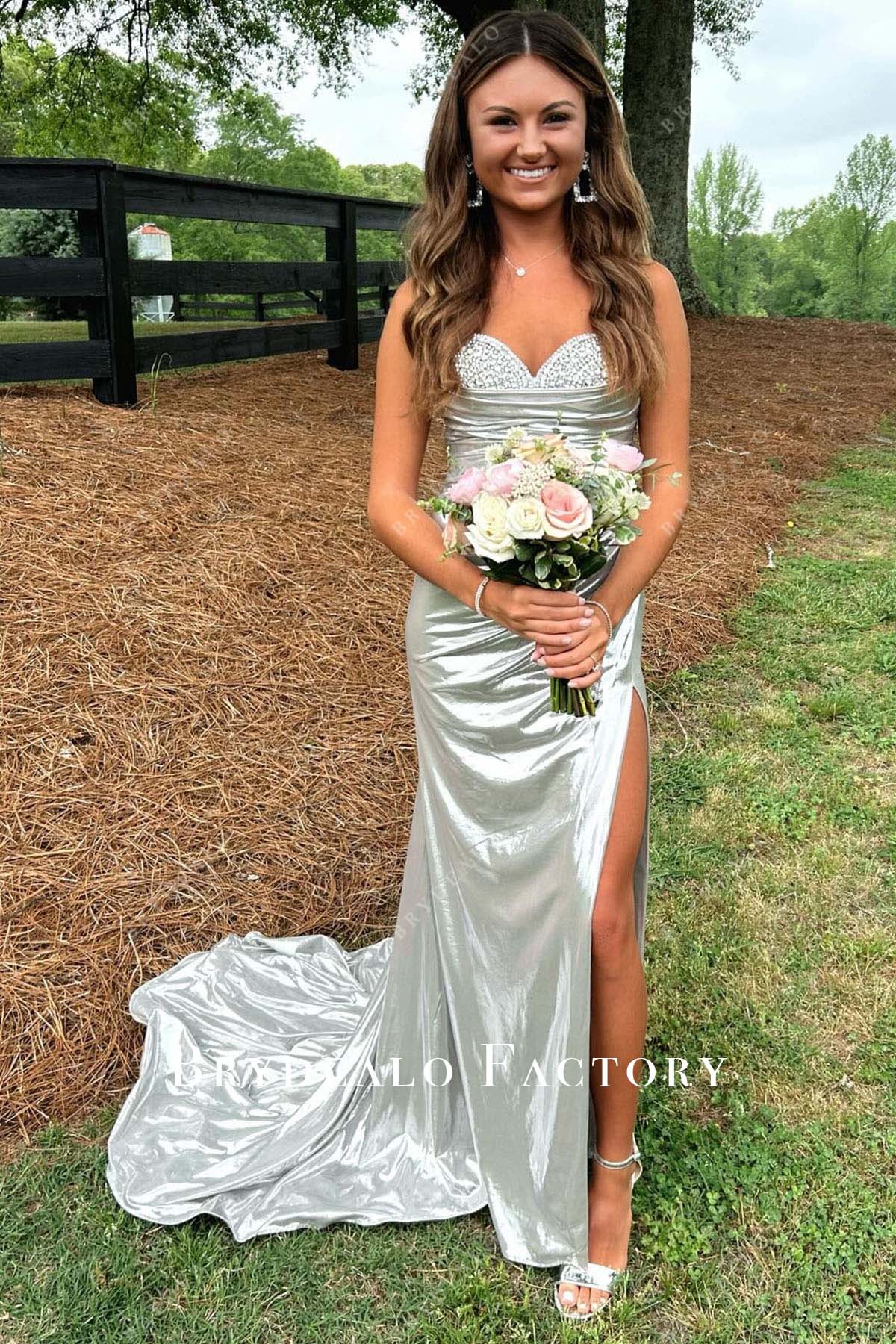 silver sparkle homecoming dress Rhinestones Sliver Strapless Long Train Homecoming Dress