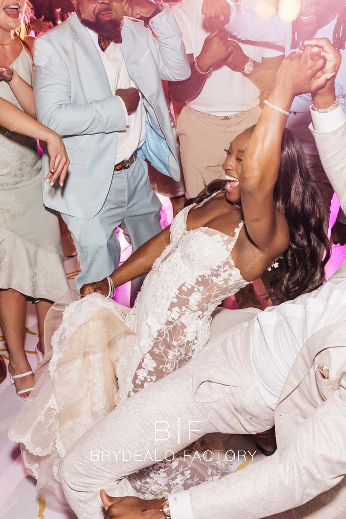 Simone Biles Designer Lace Cutouts Wedding Reception Dress