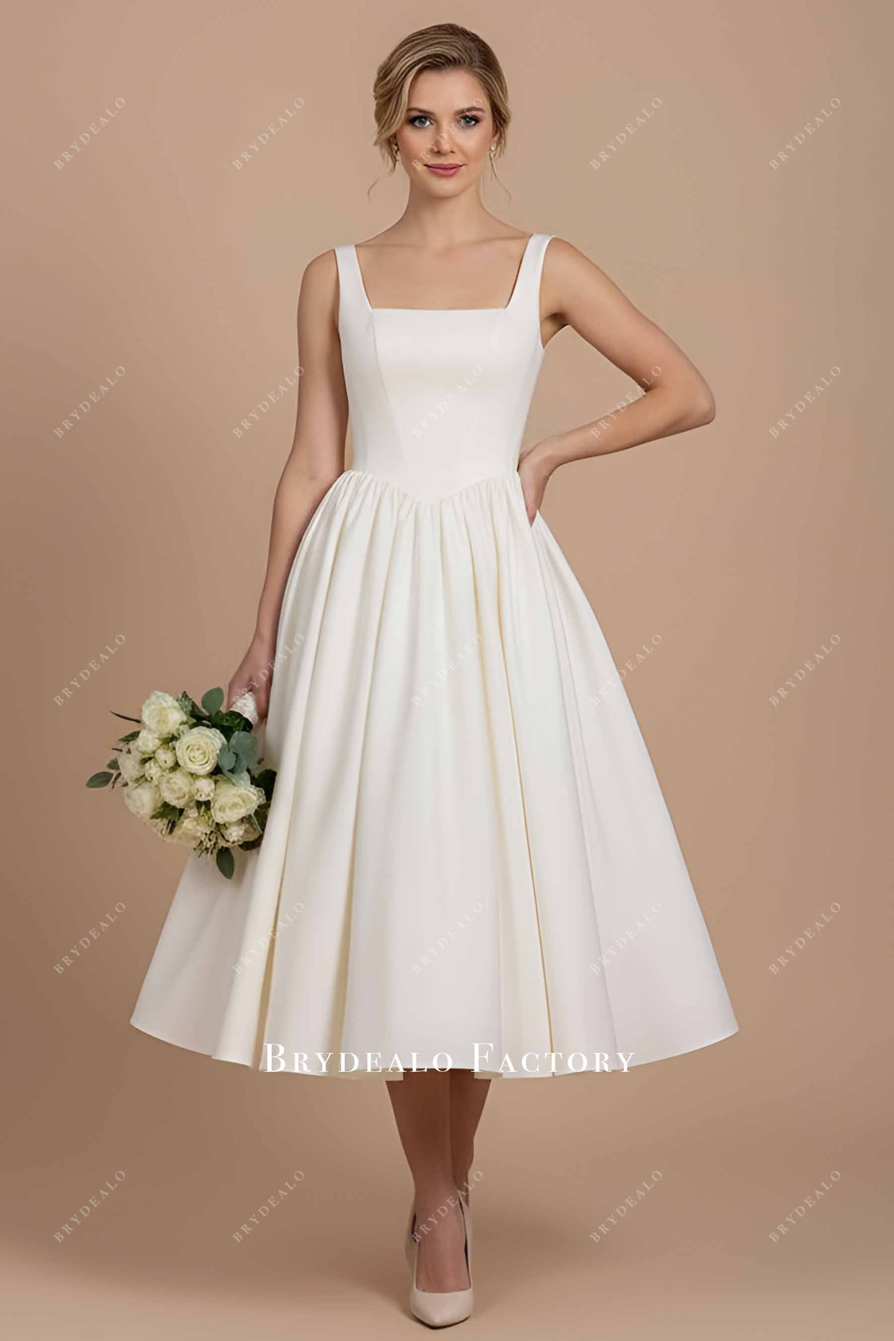 Ivory Crepe Higher Lace-up Back Tea Length Puffy Bridal Dress, Black Ivory Crepe Higher Lace-up Back Tea Length Puffy Bridal Dress, Black