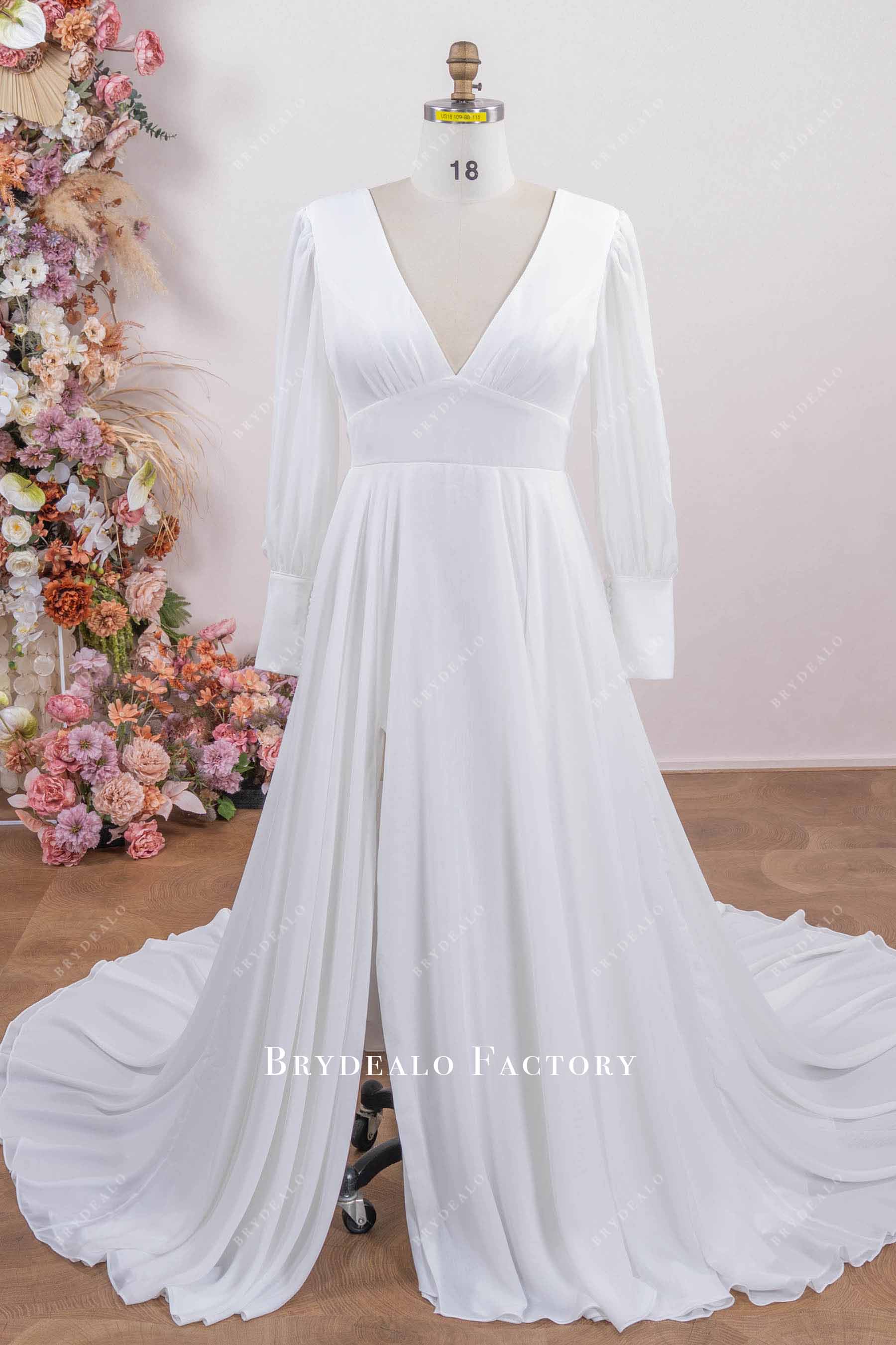 Plus Size Bishop Sleeves Slit Chiffon Wedding Dress