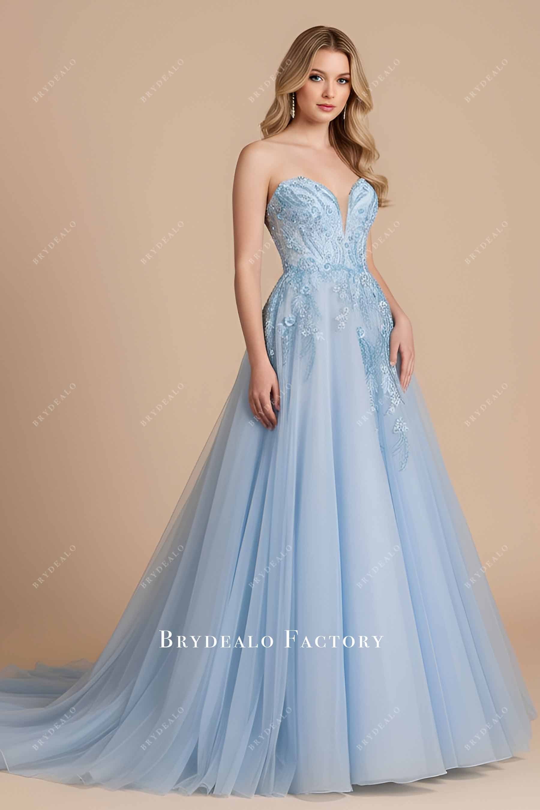 sky blue 3D flower lace prom dress