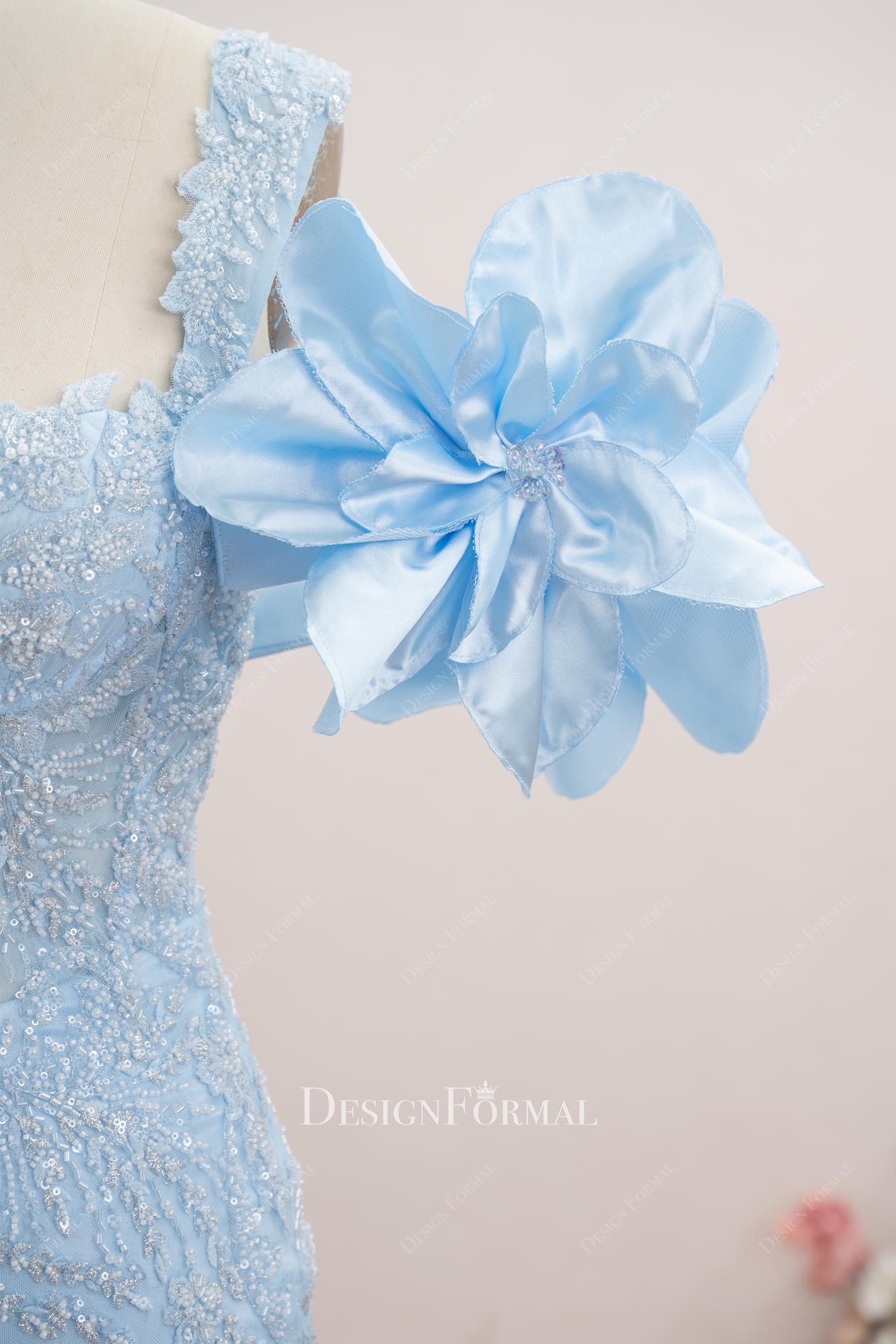 sky blue 3d floral mermaid prom dress