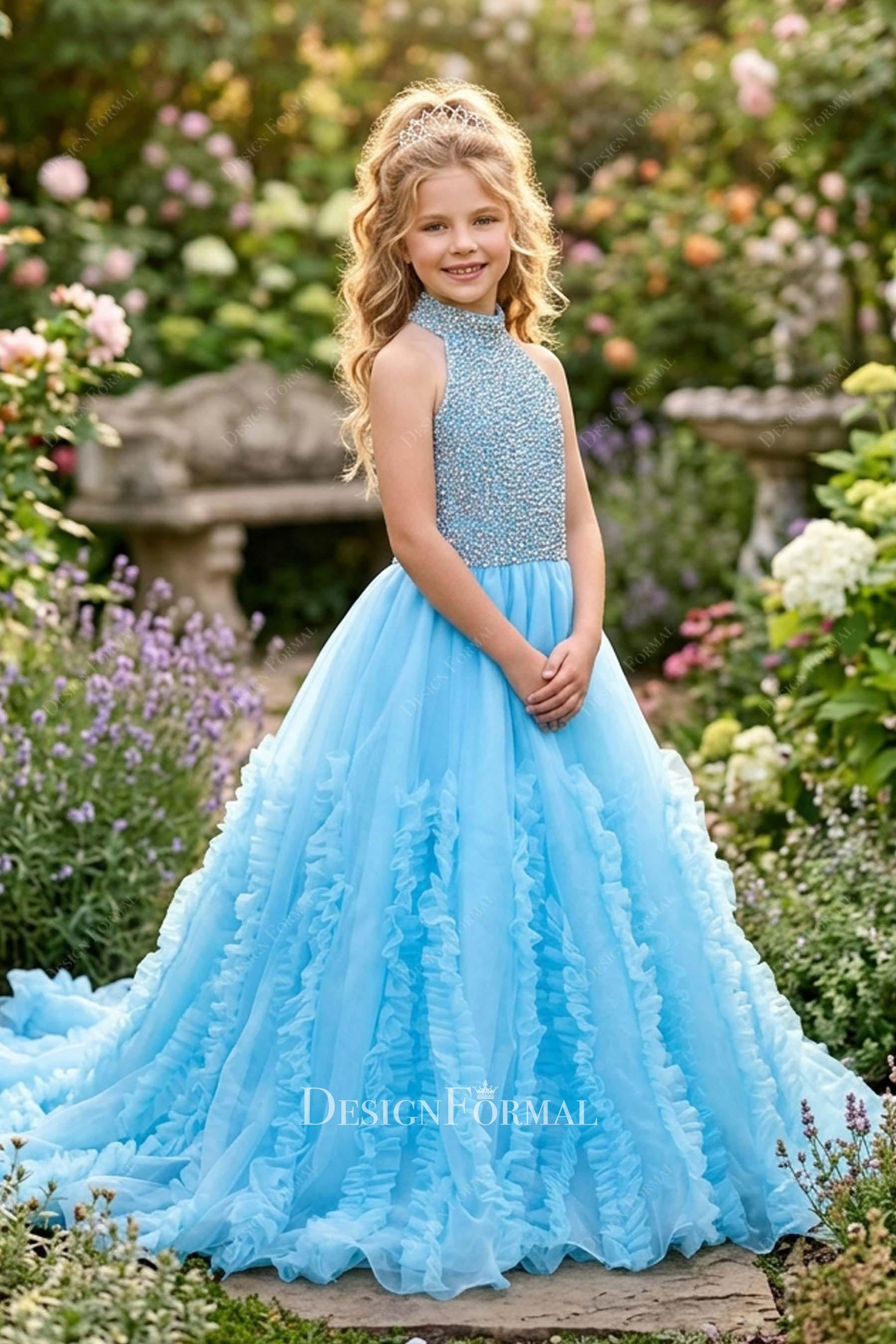sky blue a line kids pageant dress