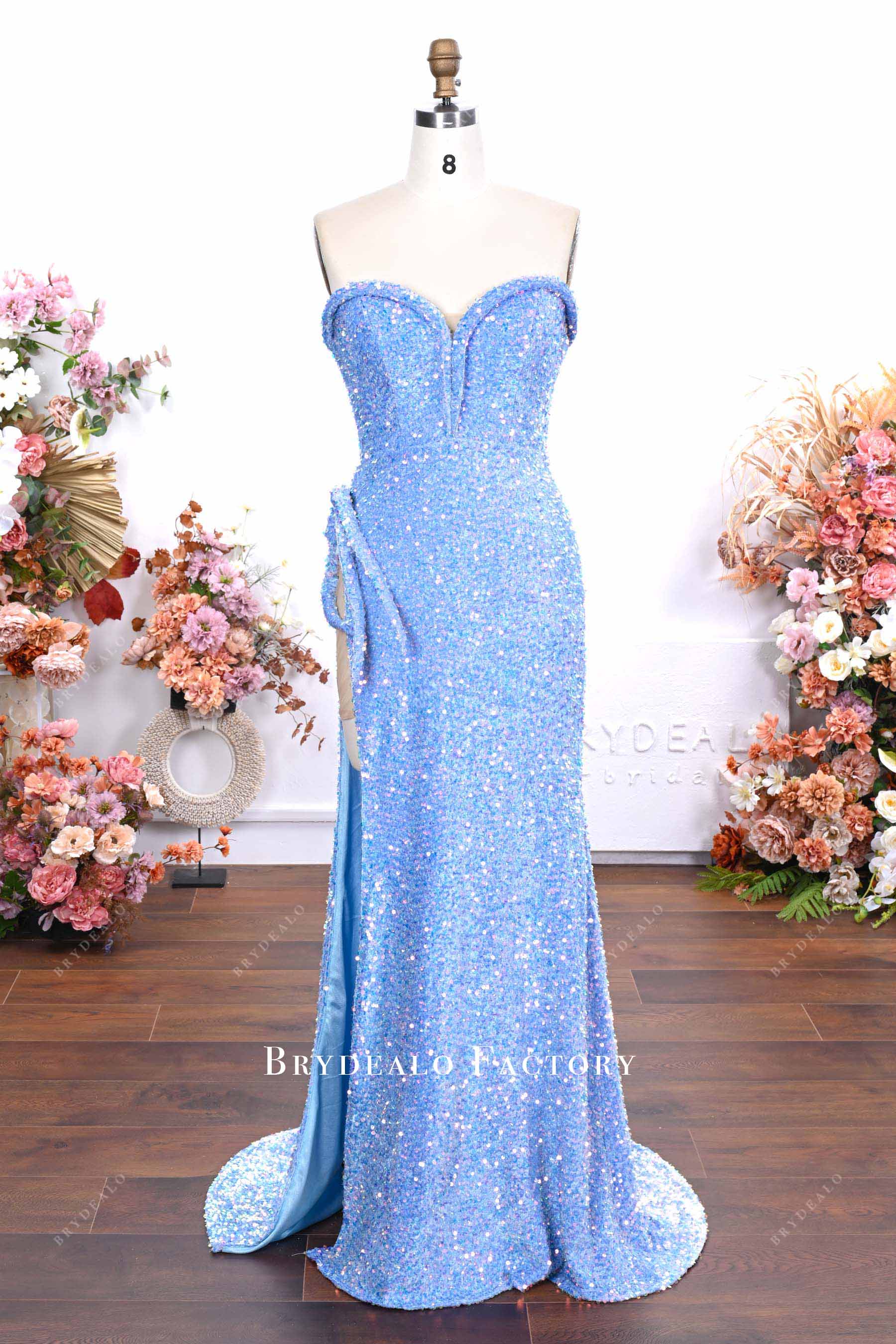Sky Blue Sequin Strapless High Split Mermaid Prom Dress Sky Blue Sequin Strapless High Split Mermaid Prom Dress