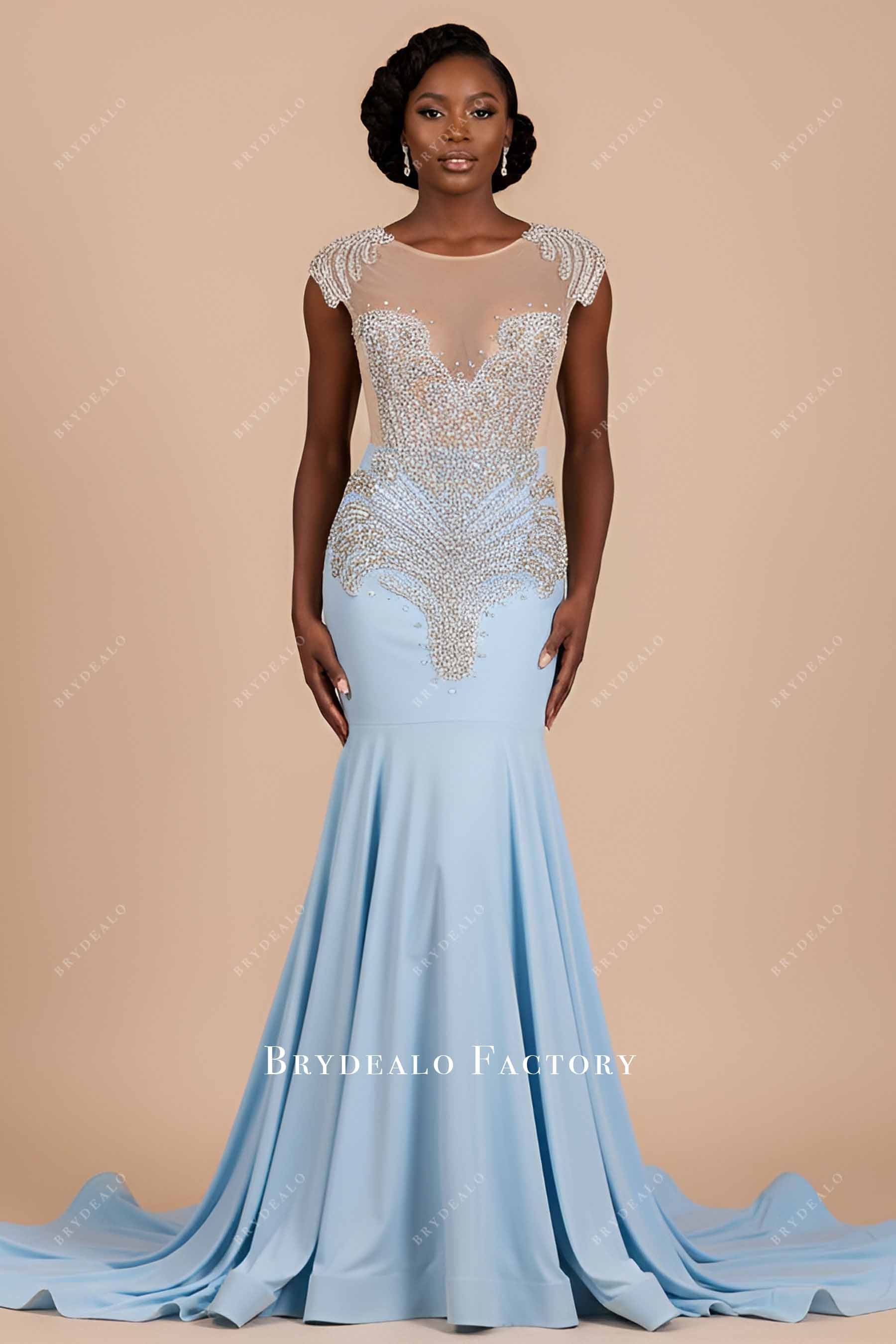 sky blue fit rhinestone prom dress