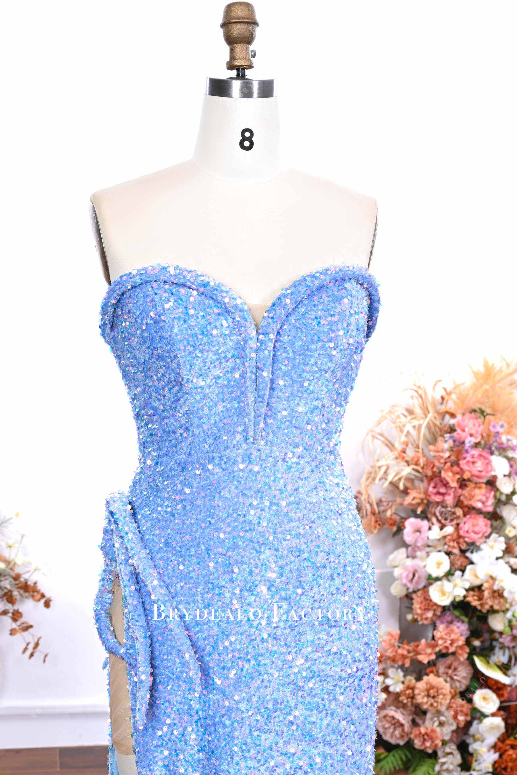 sky blue glitter strapless prom dress
