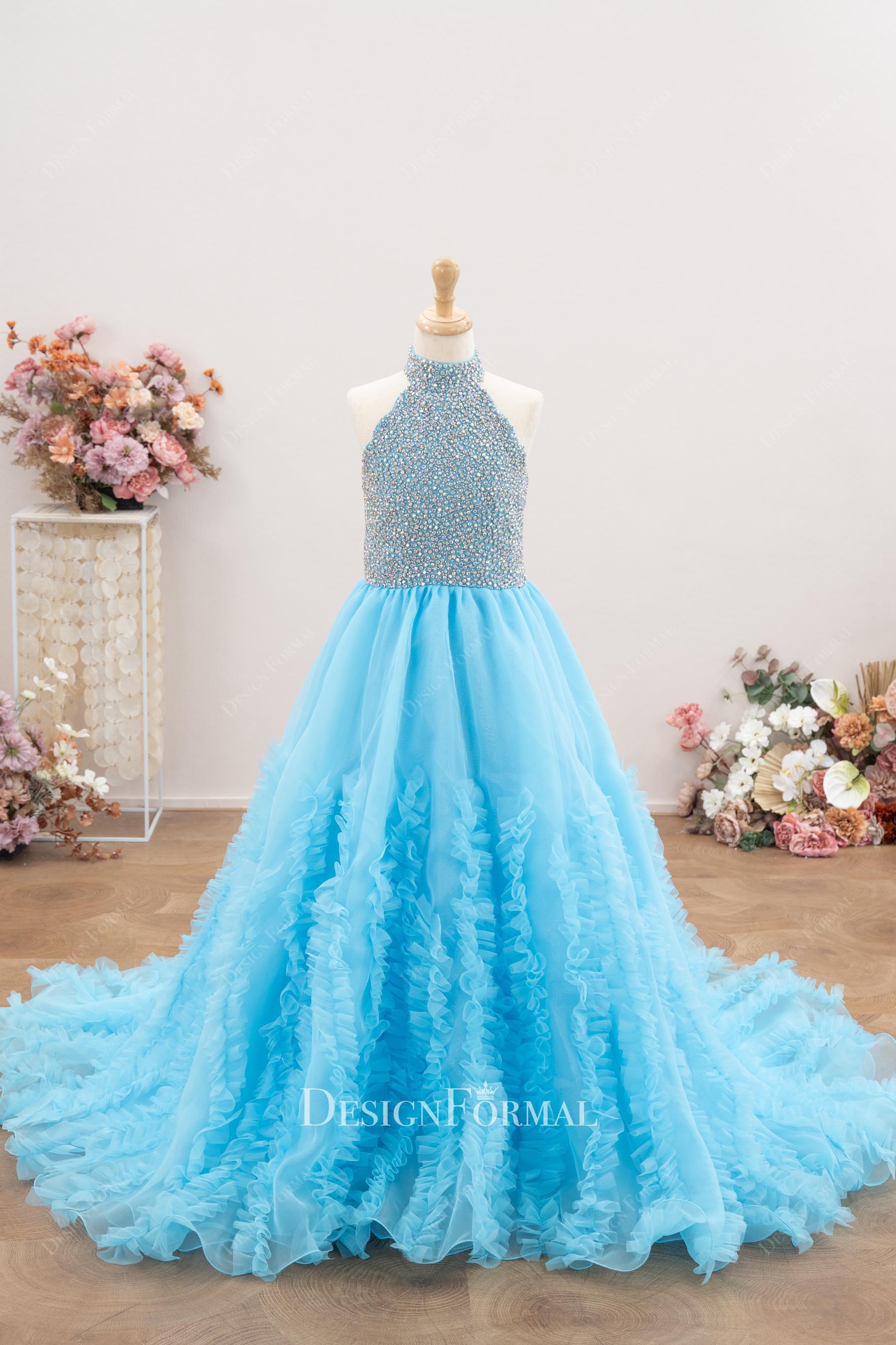 sky blue halter a line kids pageant dress