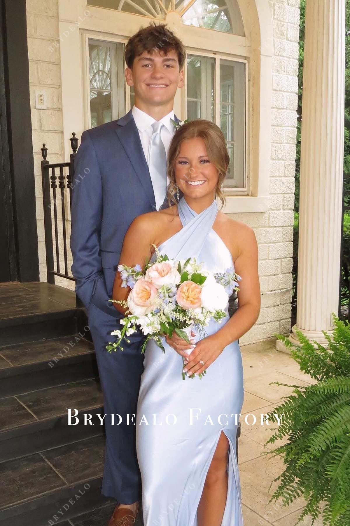 Sky Blue Halter Slit Fit And Flare Floor Length Prom Dress