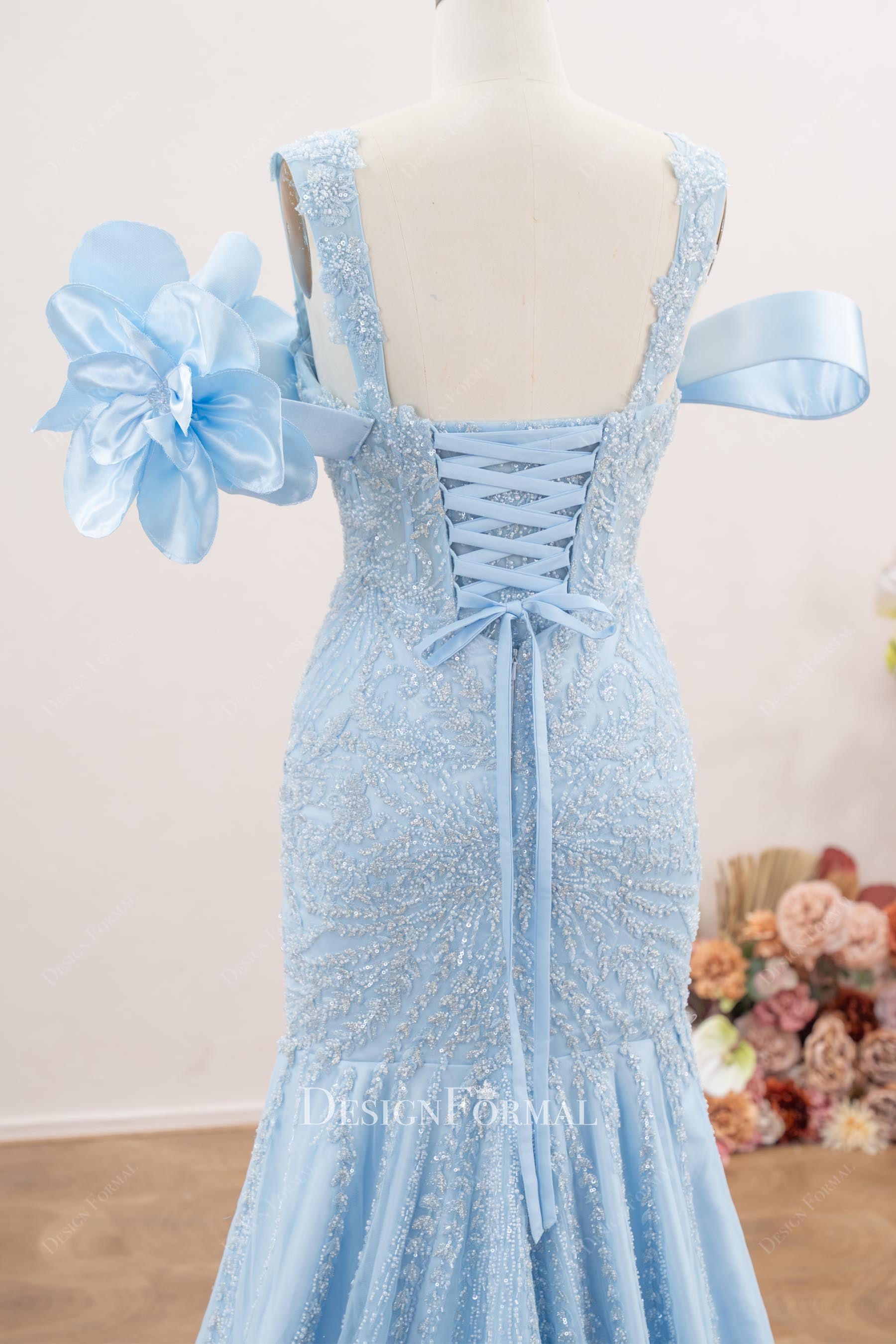 sky blue lace up back mermaid prom dress