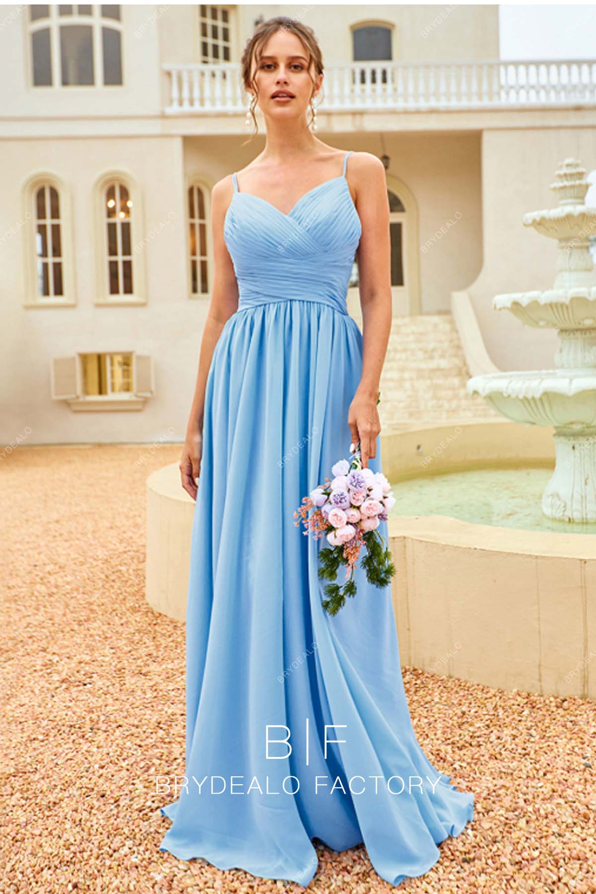 Sky Blue Pleats Chiffon Thin Straps Elegant Long Bridesmaid Prom Dress Sky Blue Pleats Chiffon Thin Straps Elegant Long Bridesmaid Prom Dress