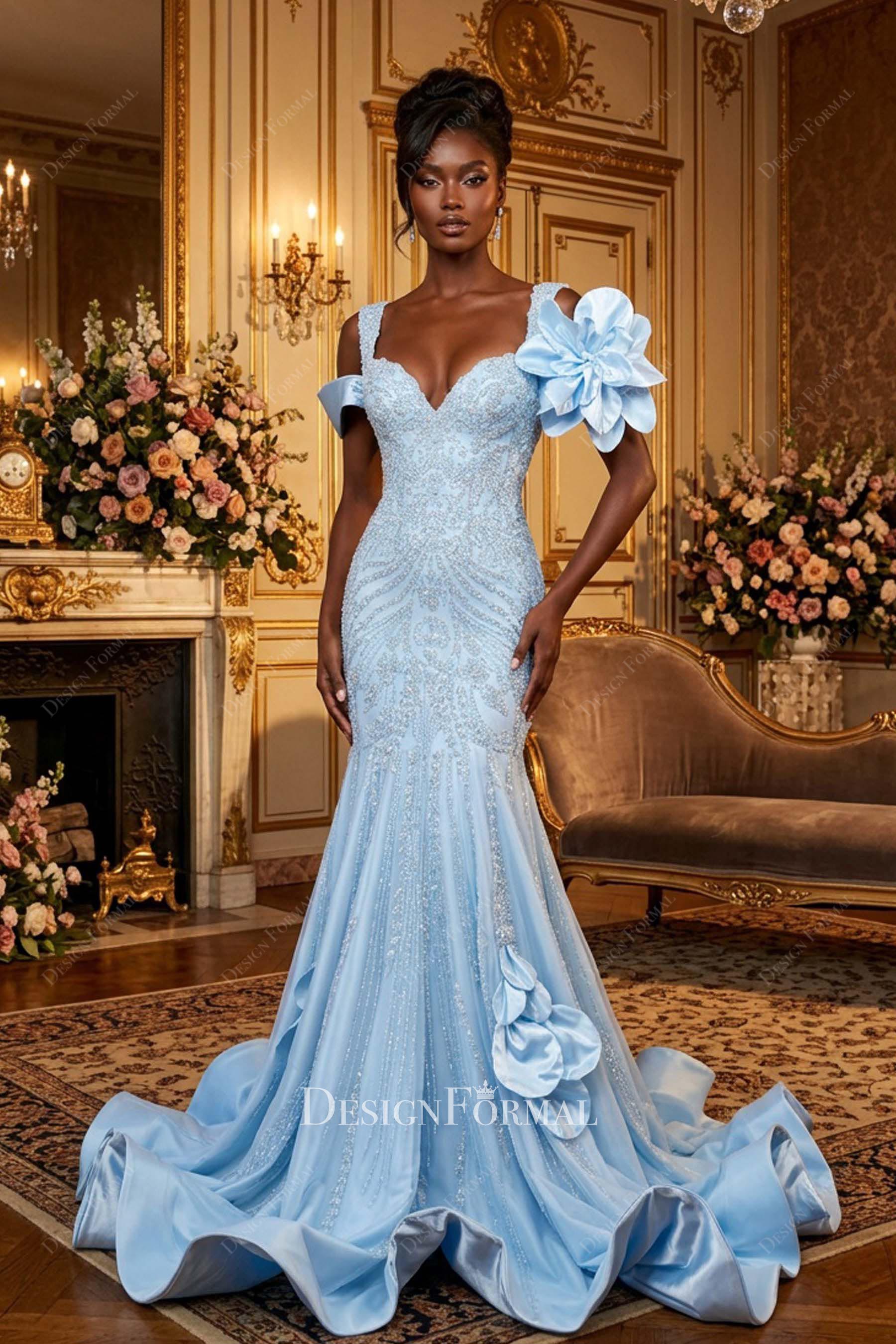 sky blue mermaid prom dress
