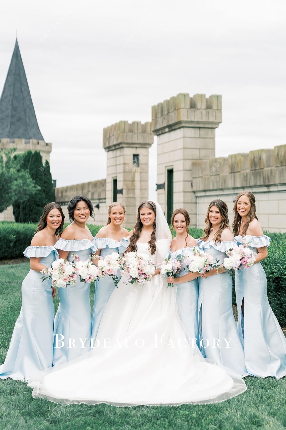 sky blue off shoulder bridesmaid dress