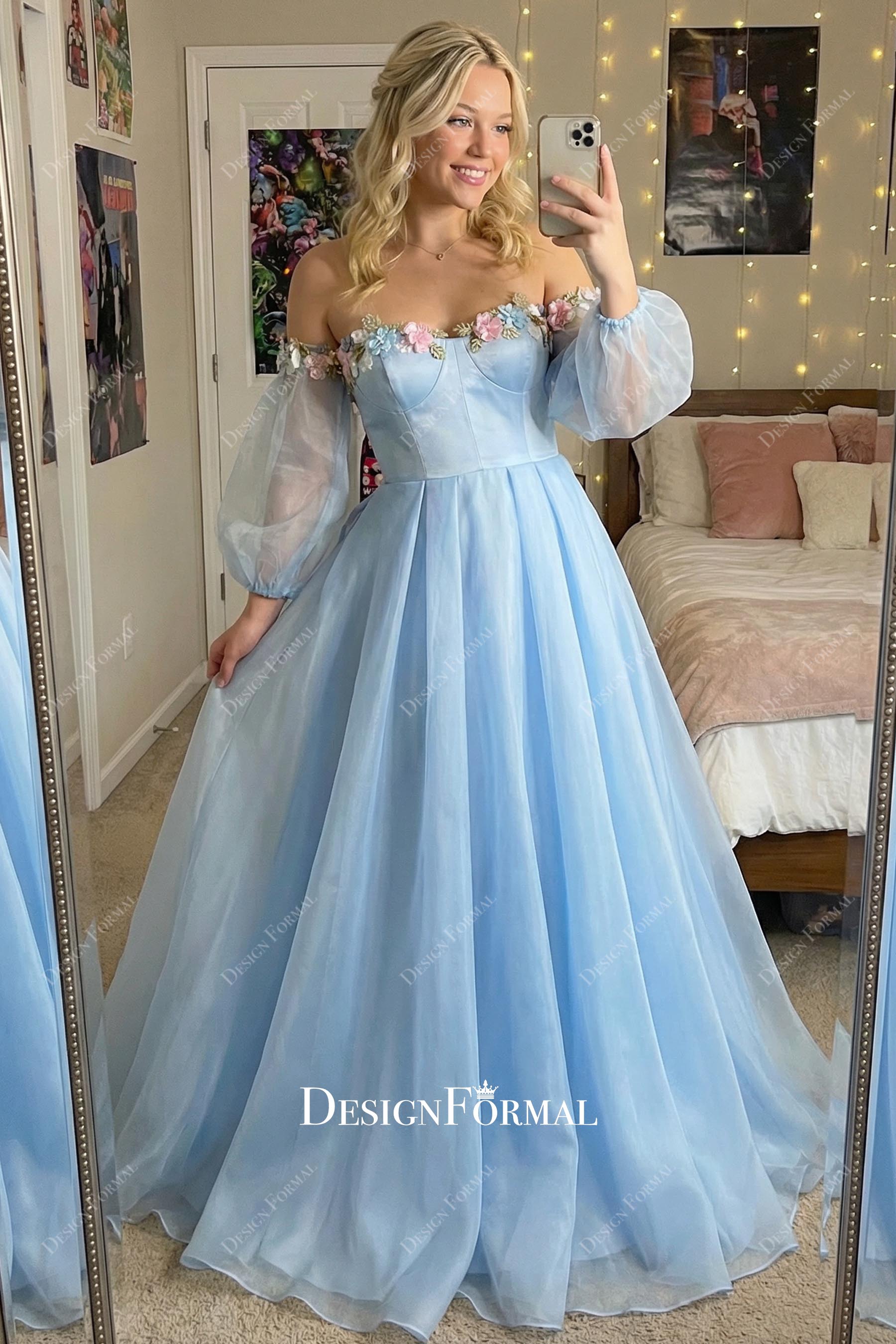 Fairy Flower Off-Shoulder Sky Blue Organza Sheer Sleeve Prom Dress