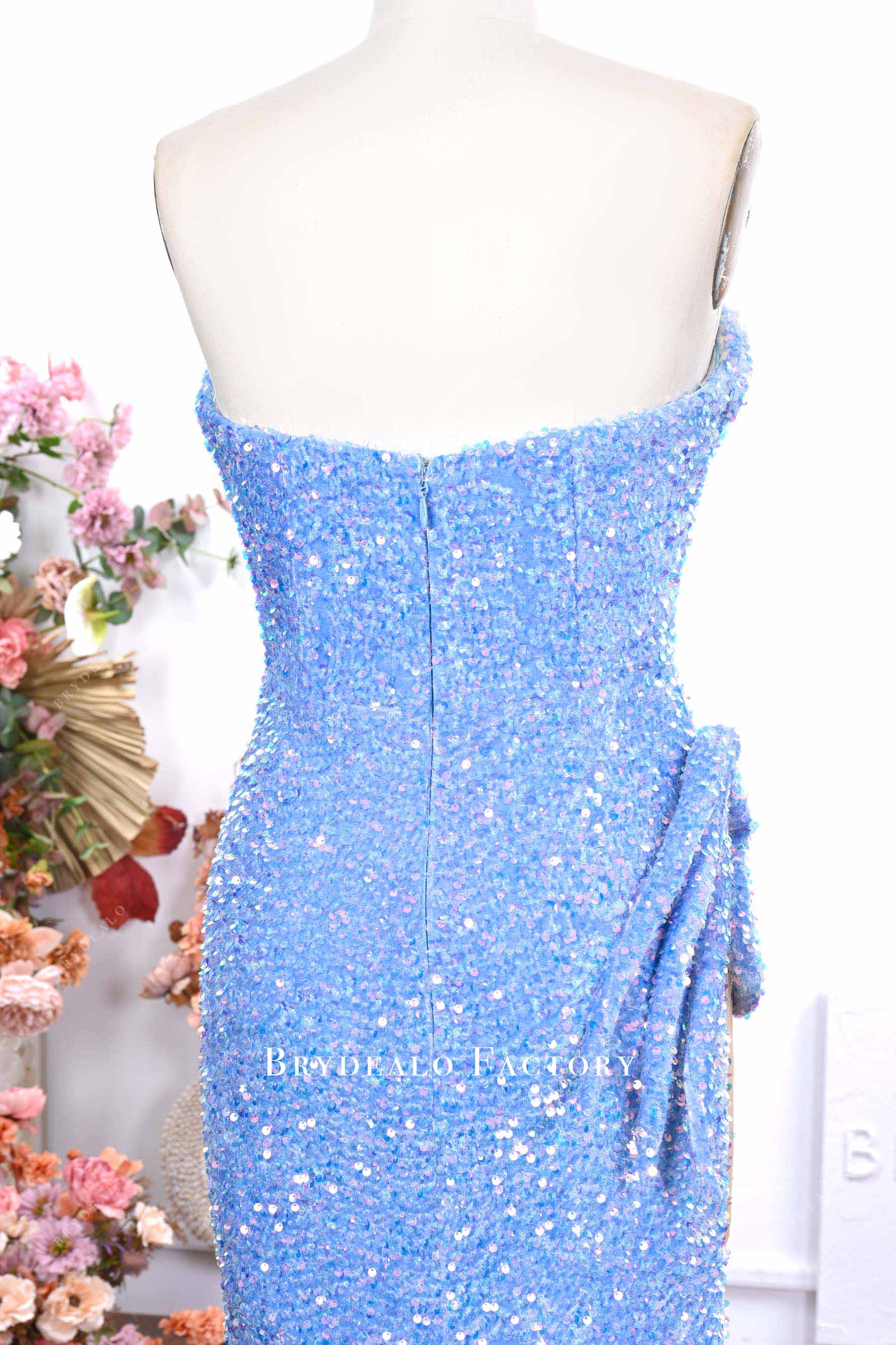 sky blue open back prom dress