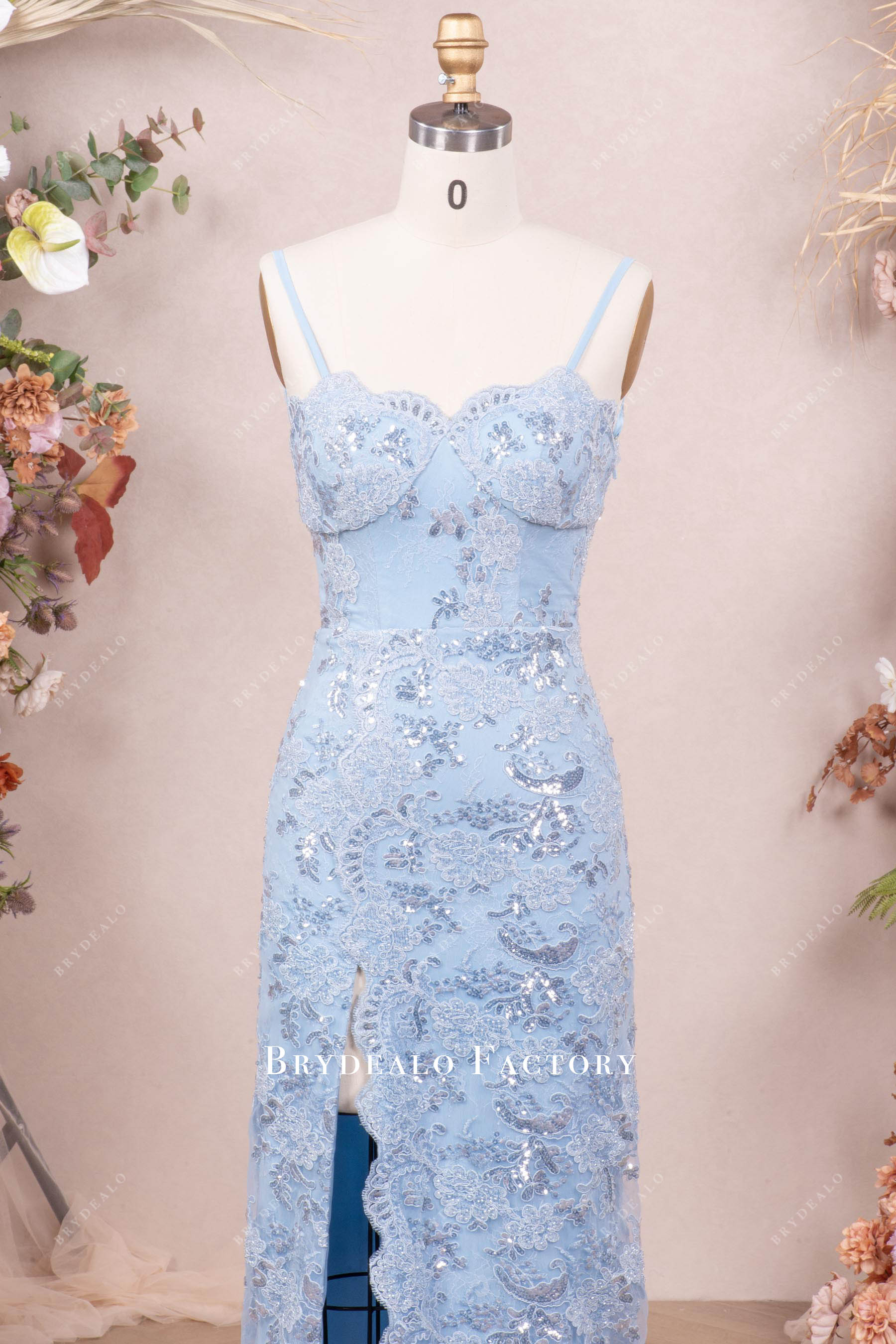 sky blue thin straps evening dress